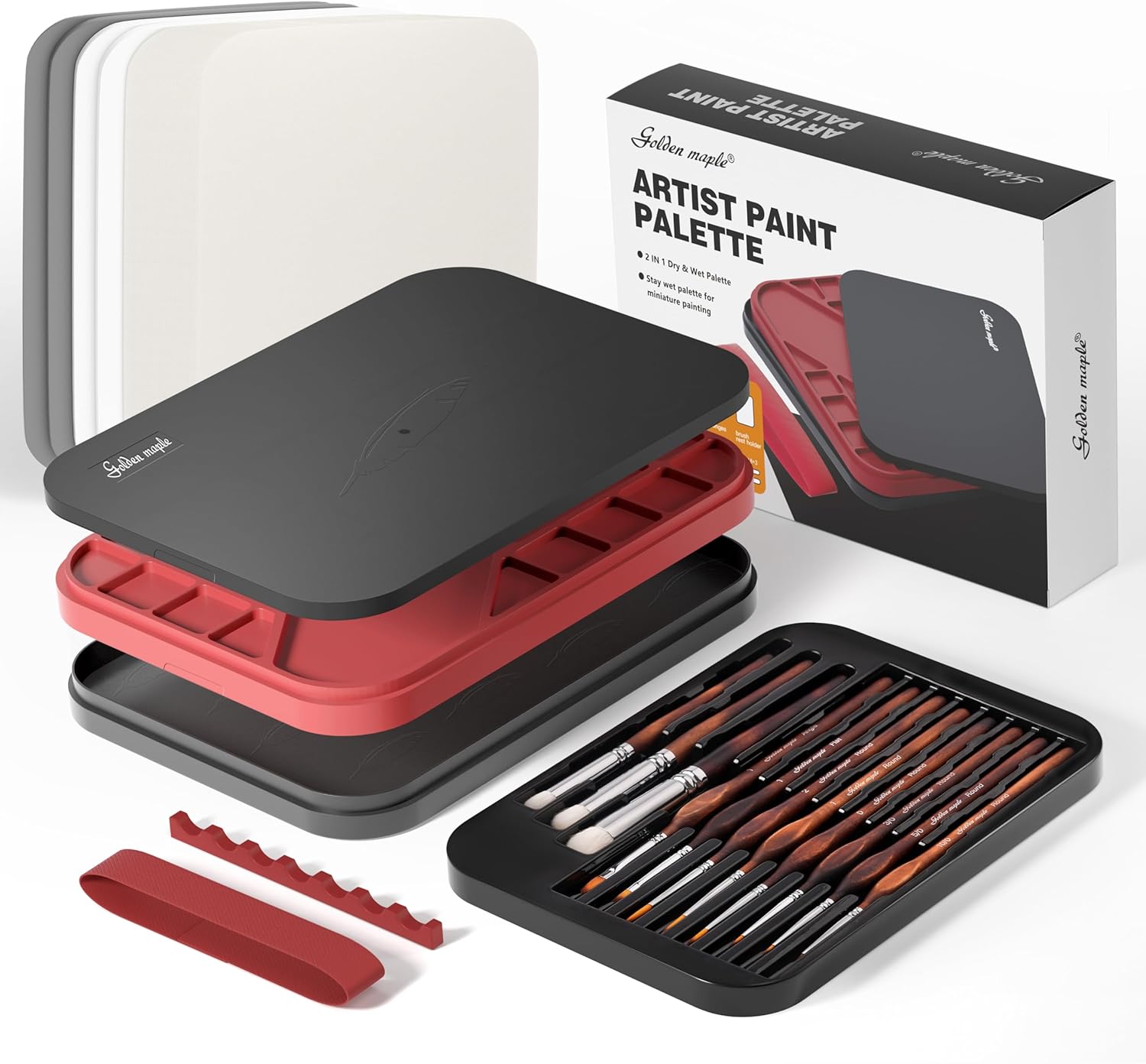 Wet Pallet for Painting Miniatures - Golden Maple 2 in 1 Dry and Wet Palette with Lid, Including 11 Miniature Paint Brushes,100PCS Palette Paper, 4PCS Sponges, Paint Brushes Holders