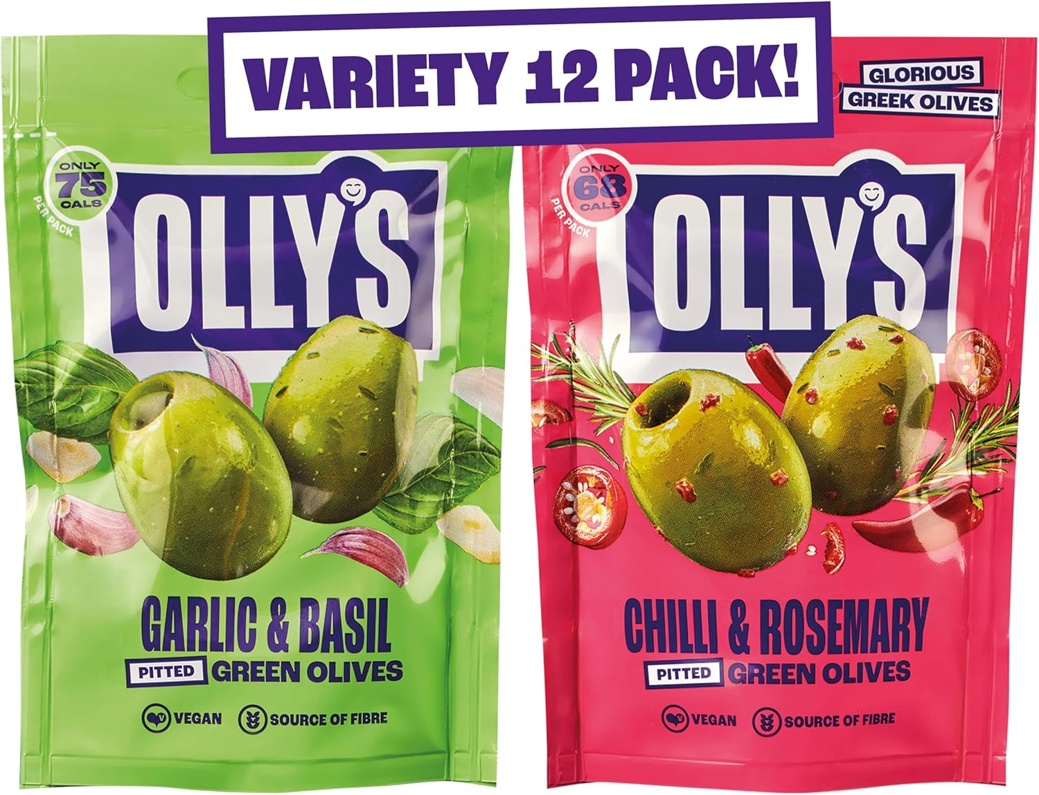 Olly's Olives, Mixed Pack, 50g (Pack of 12), 100% Natural Ingredients, Handy Snack Pouches, Healthy Vegan Snacks, Low Calorie, Source of Fibre, No Preservatives, Gluten Free