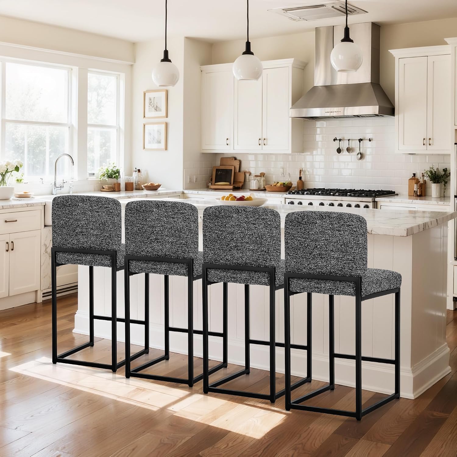 ALPHA HOME 24 Inch Counter Height Bar Stools with Back, Chenille Kitchen Counter Stools Set of 4, Upholstered Bar Chairs for Kitchen Island Home Bar with Metal Frame & Footrest, Black