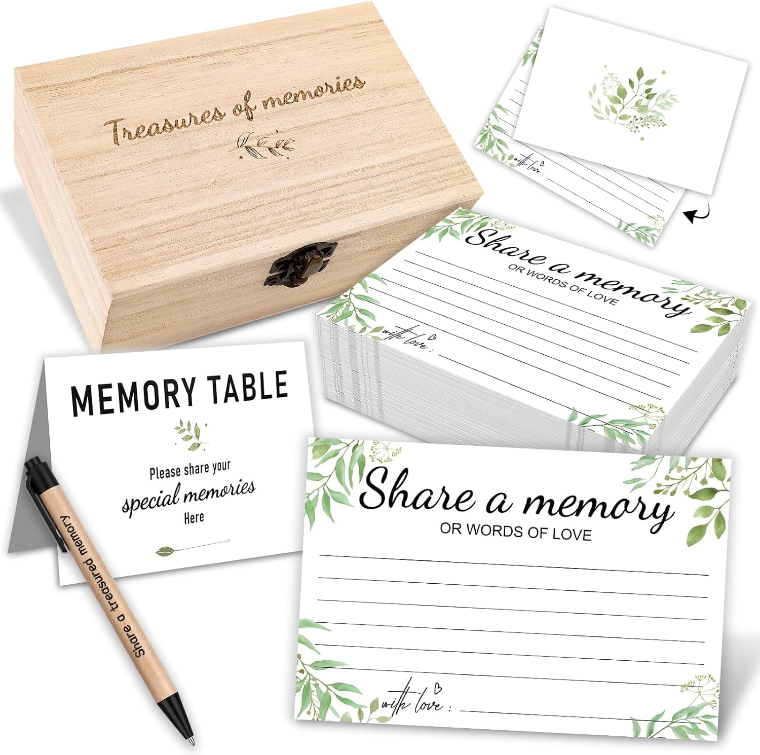 100Pcs Share a Memory Card Sets, Funeral Memorial Cards Wooden Memory Keepsake Box Funeral Pen Share for Celebration of Life Anniversary Memorial Graduation Game Alternative to A Book of Condolence