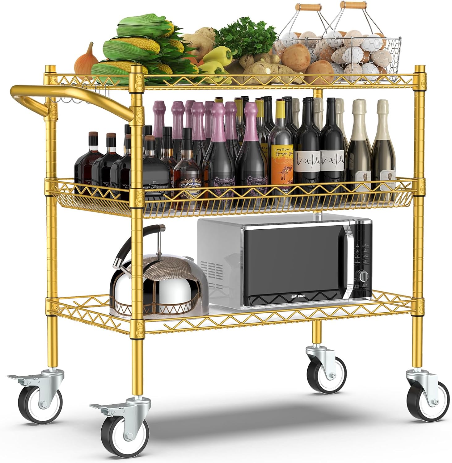 Leteuke 3 Tier Rolling Carts with Wheels,990Lbs Heavy Duty Rolling Utility Cart,NSF Commercial Grade Metal Cart with Handle&Shelf Liner,Trolley Serving Cart for Kitchen,Restaurant,Plant Display,Gold