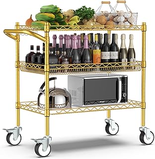 Leteuke 3 Tier Rolling Carts with Wheels,990Lbs Heavy Duty Rolling Utility Cart,NSF Commercial Grade Metal Cart with Handle&Shelf Liner,Trolley Serving Cart for Kitchen,Restaurant,Plant Display,Gold