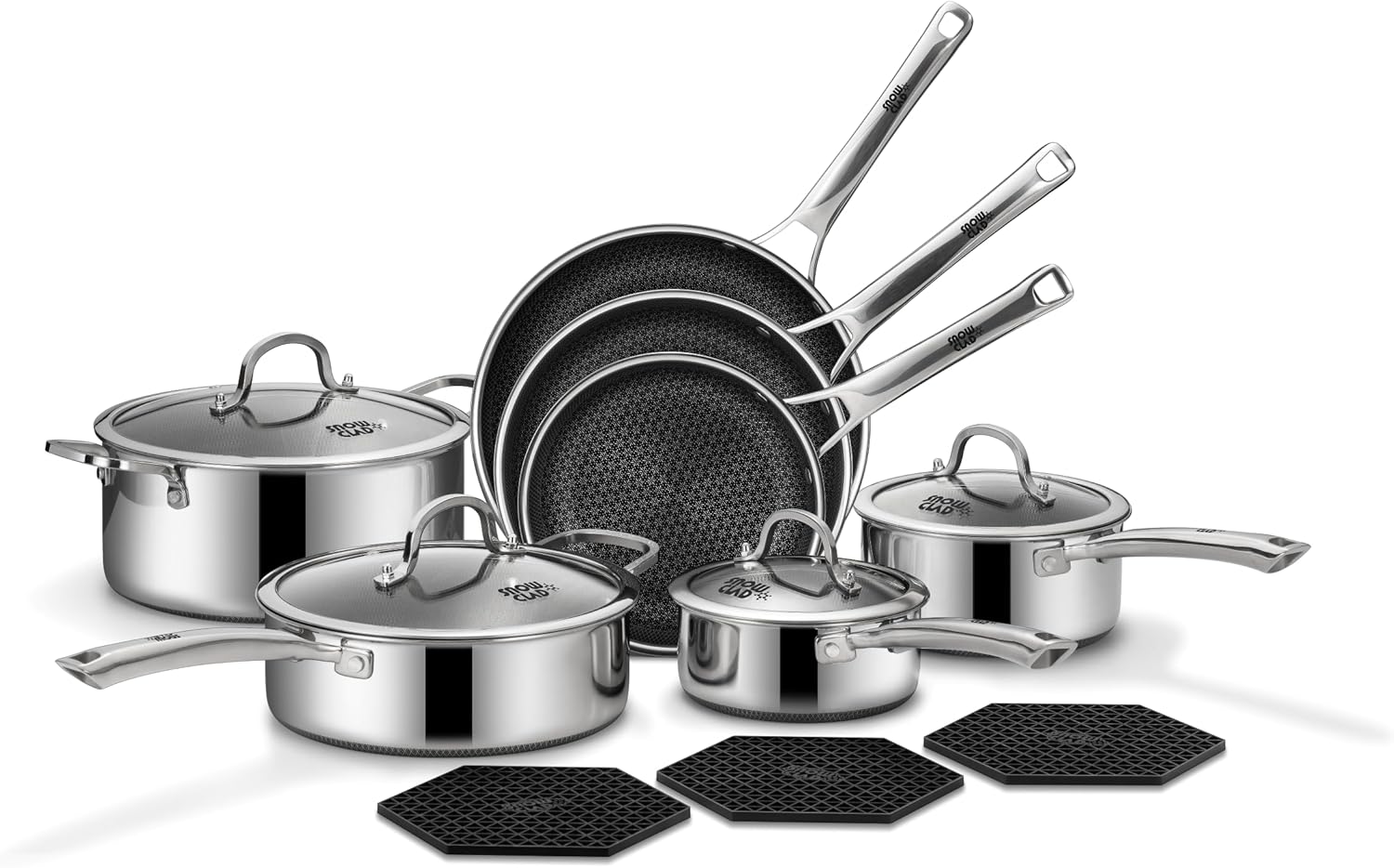 Pots and Pans Set Non Stick, 14 Pcs Hybrid Stainless Steel Cookware Sets, Non Stick Frying Pans, Saucepans, Saute Pan & Stock Pot, PFOA Free Kitchen Skillet,Induction Compatible