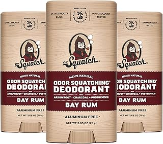 Dr. Squatch Natural Deodorant for Men 3 Pack Bay Rum – Odor-Squatching Men's Deodorant Aluminum Free (2.65 oz, 3 Pack)