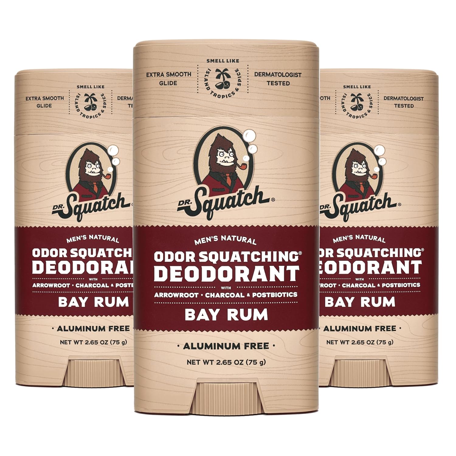 Dr. Squatch Natural Deodorant for Men 3 Pack Bay Rum – Odor-Squatching Men's Deodorant Aluminum Free (2.65 oz, 3 Pack)
