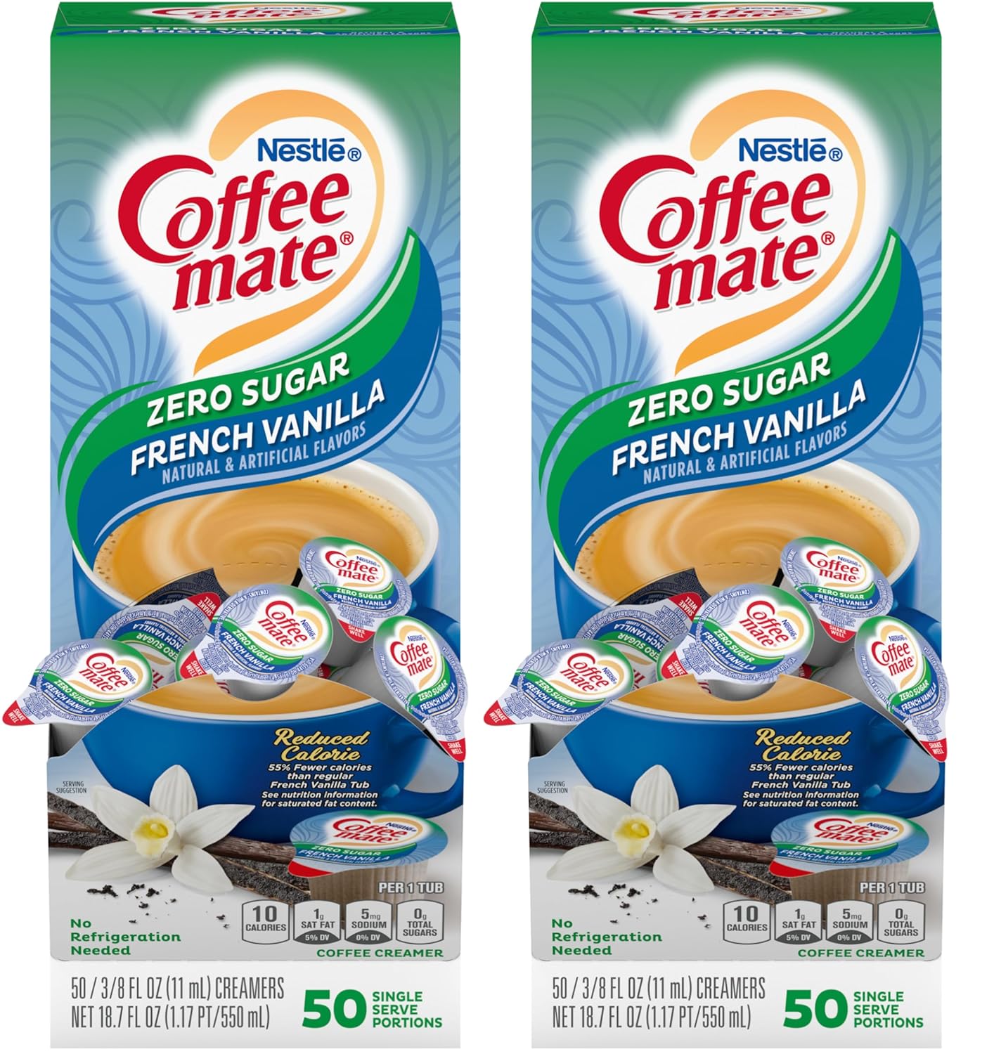 Nestle Coffee mate Liquid Coffee Creamer Singles, Zero Sugar French Vanilla, 50 Ct Box (Pack of 2) with Coffee Scoop
