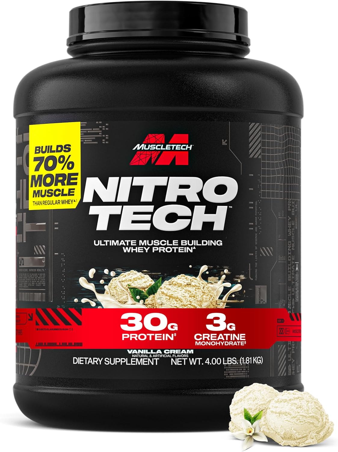 Whey Protein Powder (Vanilla Cream, 4 Pound) - Nitro-Tech Ultimate Muscle Building Formula with Whey Protein Isolate & Peptides - 30g of Protein, 3g of Creatine & 6.8g of BCAA