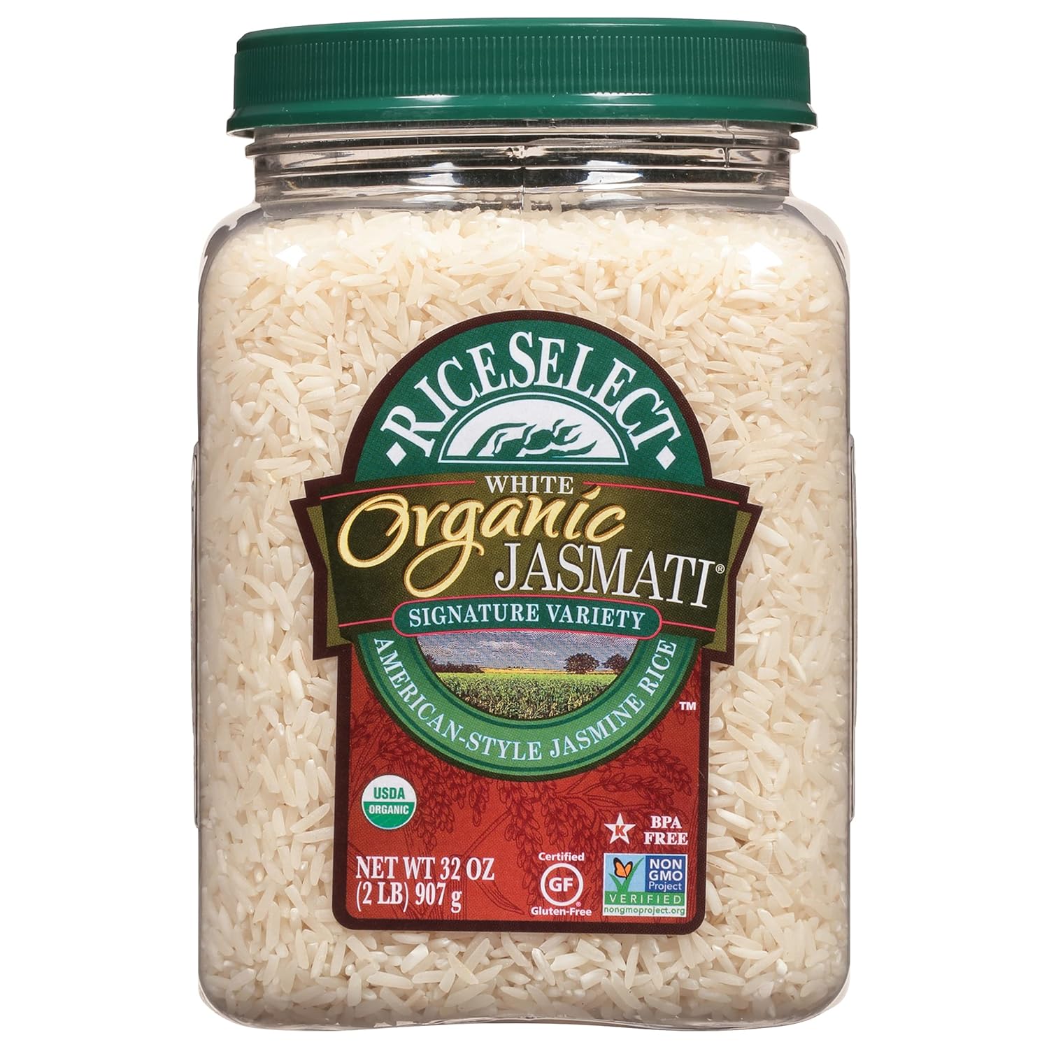 RiceSelect Jasmati Organic Rice, Long-Grain Organic Jasmine Rice, Premium Gluten-Free Rice, Non-GMO, 32-Ounce Jar