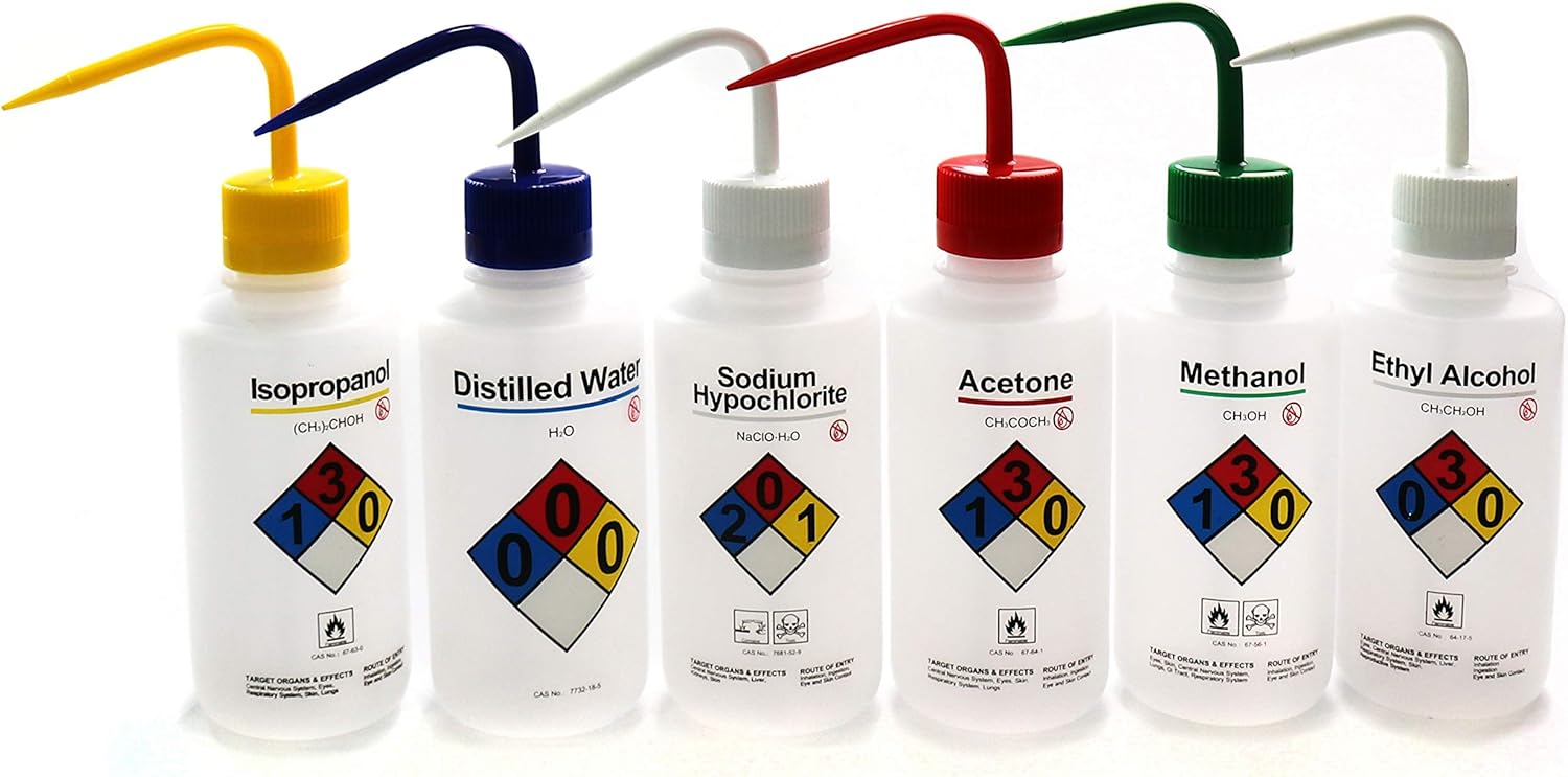 ULAB Scientific Right-to-Know Safety Wash Bottle Set, Acetone, Ethyl Alcohol, Methanol, Isopropanol, Distilled Water, Sodium Hypochloride, Vol.500ml with Draw Tube, UWB1001