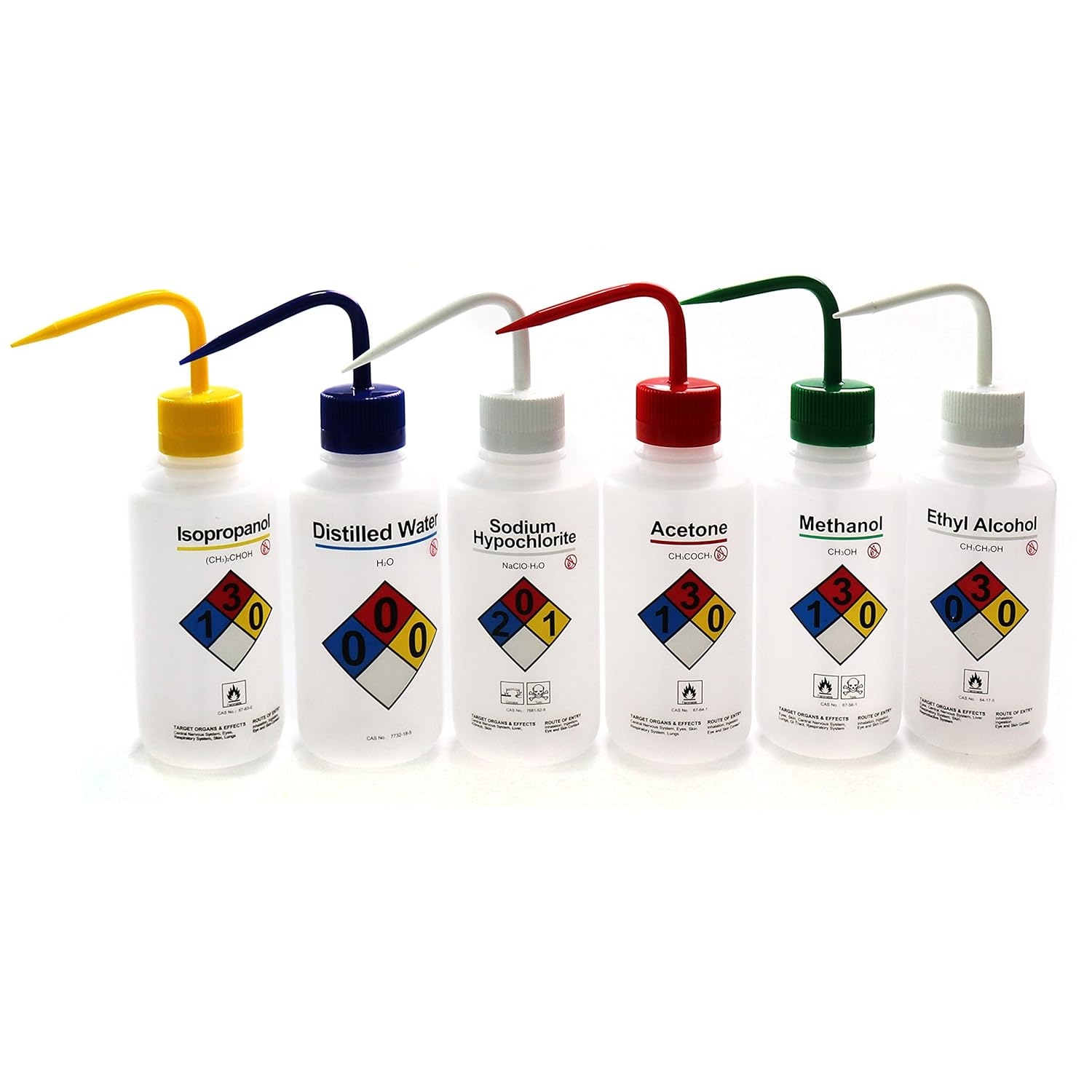 ULAB Scientific Right-to-Know Safety Wash Bottle Set, Acetone, Ethyl Alcohol, Methanol, Isopropanol, Distilled Water, Sodium Hypochloride, Vol.500ml with Draw Tube, UWB1001