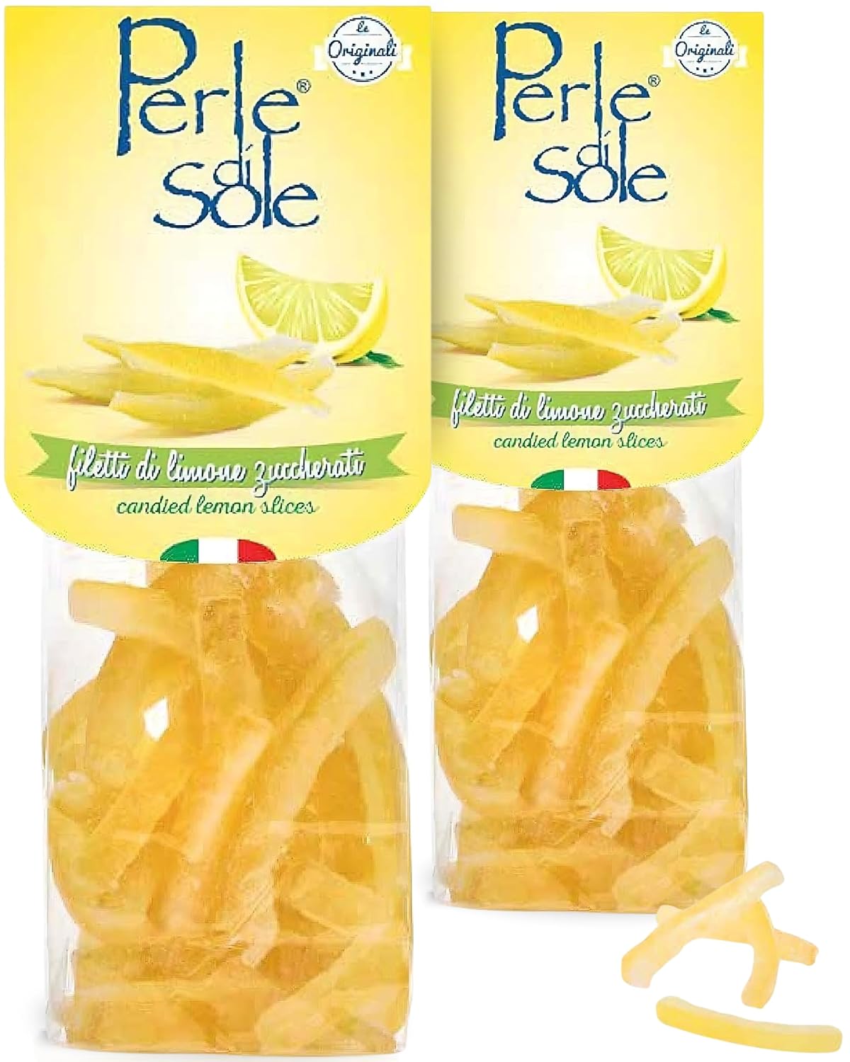 Perle di Sole Candied Lemon Peels Sugar Coated - Italian Candied Lemon Peel for Baking and Snacking - Made in Italy - Pack of 2 (3.5 oz | 100 g)