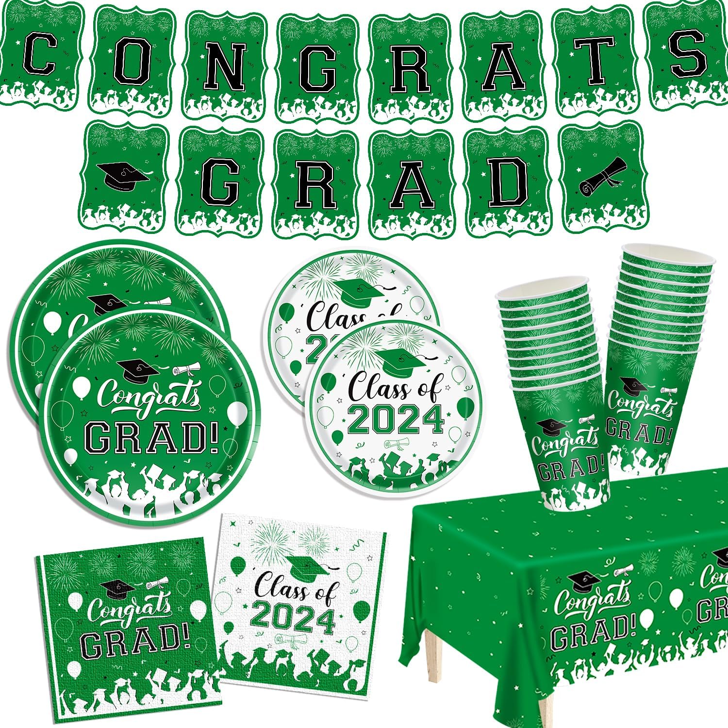 Graduation Party Plates Napkins Class of 2024 Green Disposable Paper Dinnerware Set Cups Tablecloth Banner for Congrats Grad Party Decorations Serve 25
