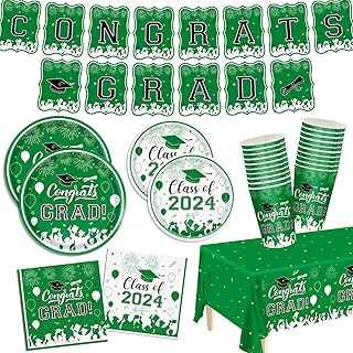 Graduation Party Plates Napkins Class of 2024 Green Disposable Paper Dinnerware Set Cups Tablecloth Banner for Congrats Grad Party Decorations Serve 25