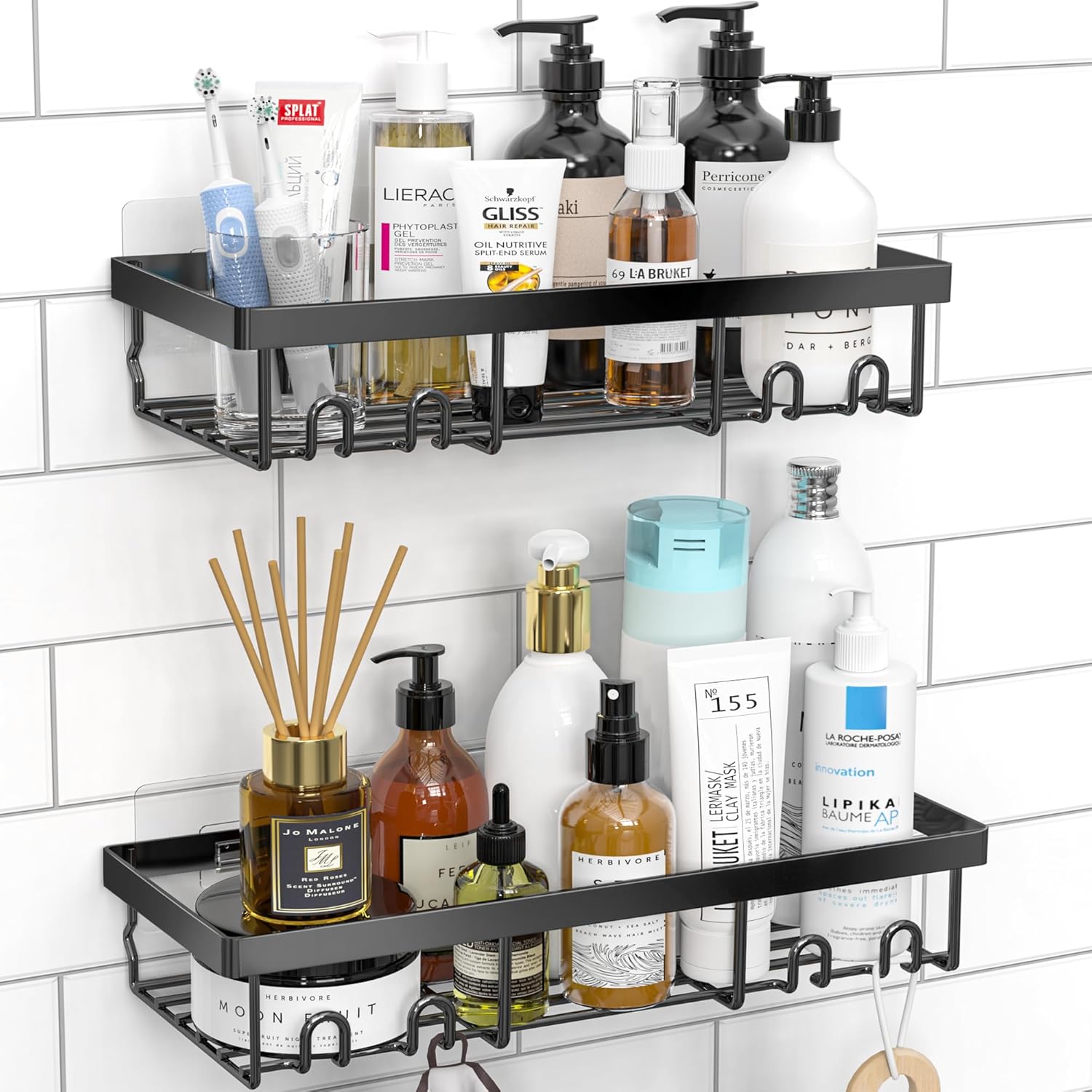 Moforoco Shower Caddy Shelf Organizer Rack, Self Adhesive Black Bathroom Shelves Basket, Home Farmhouse Wall Inside Organization and Storage Decor Rv Accessories, First Camper Apartment Essentials