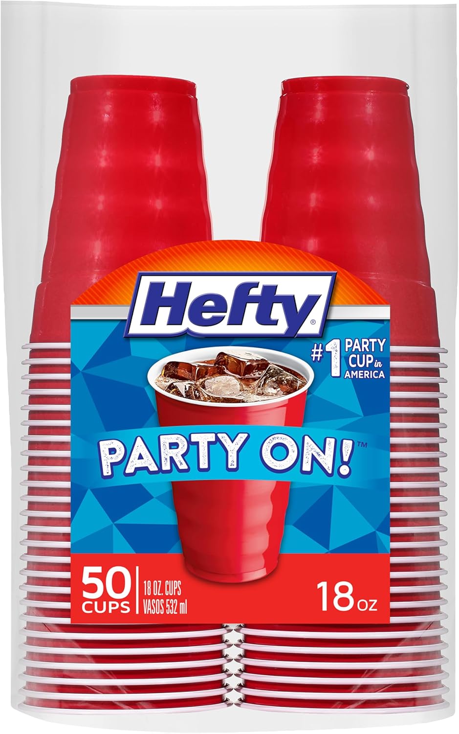 Hefty Party On Disposable Plastic Cups, Red, 18 Ounce, 50 Count