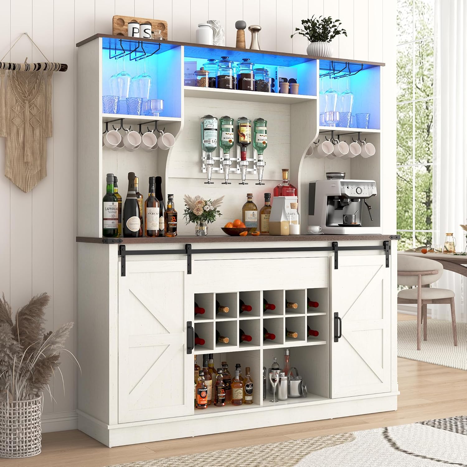 Farmhouse Coffee Bar Cabinet with Charging Station & Sliding Barn Doors - 63" W x 71" H Large Wine Rack, Built-in Liquor Dispenser, Glass/Mug Holders for Kitchen, Living Room, Hallway