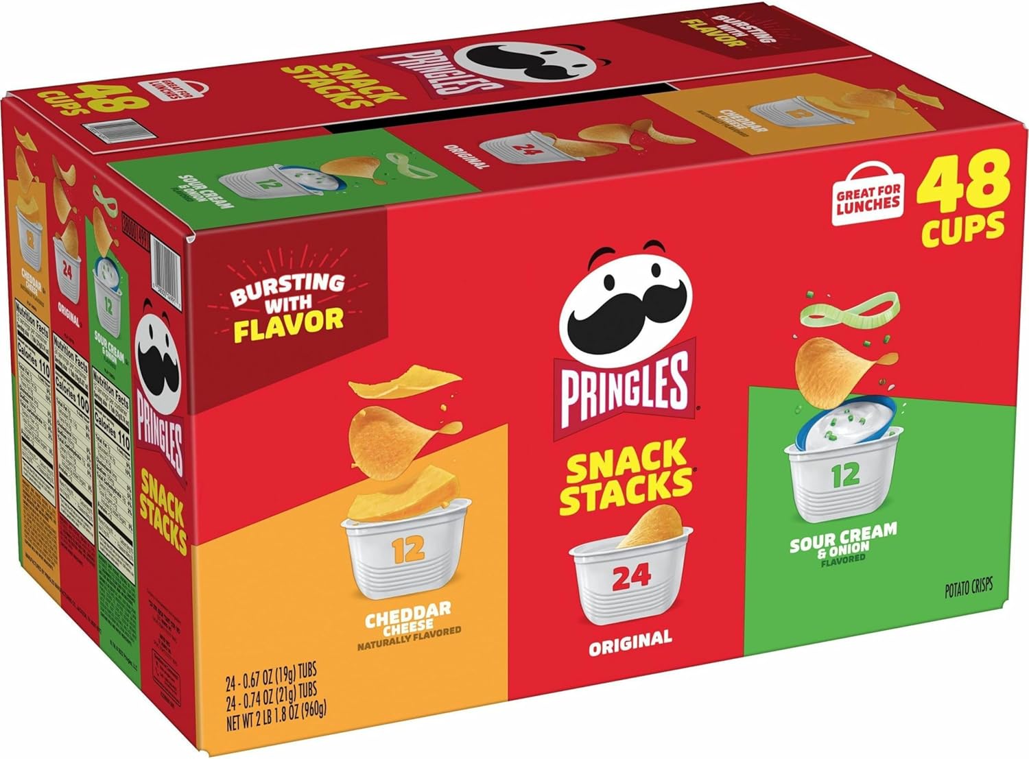 Pringles Potato Chips; Original; Cheddar Cheese; Sour Cream And Onion, 0.74 Oz Canister, 48/carton