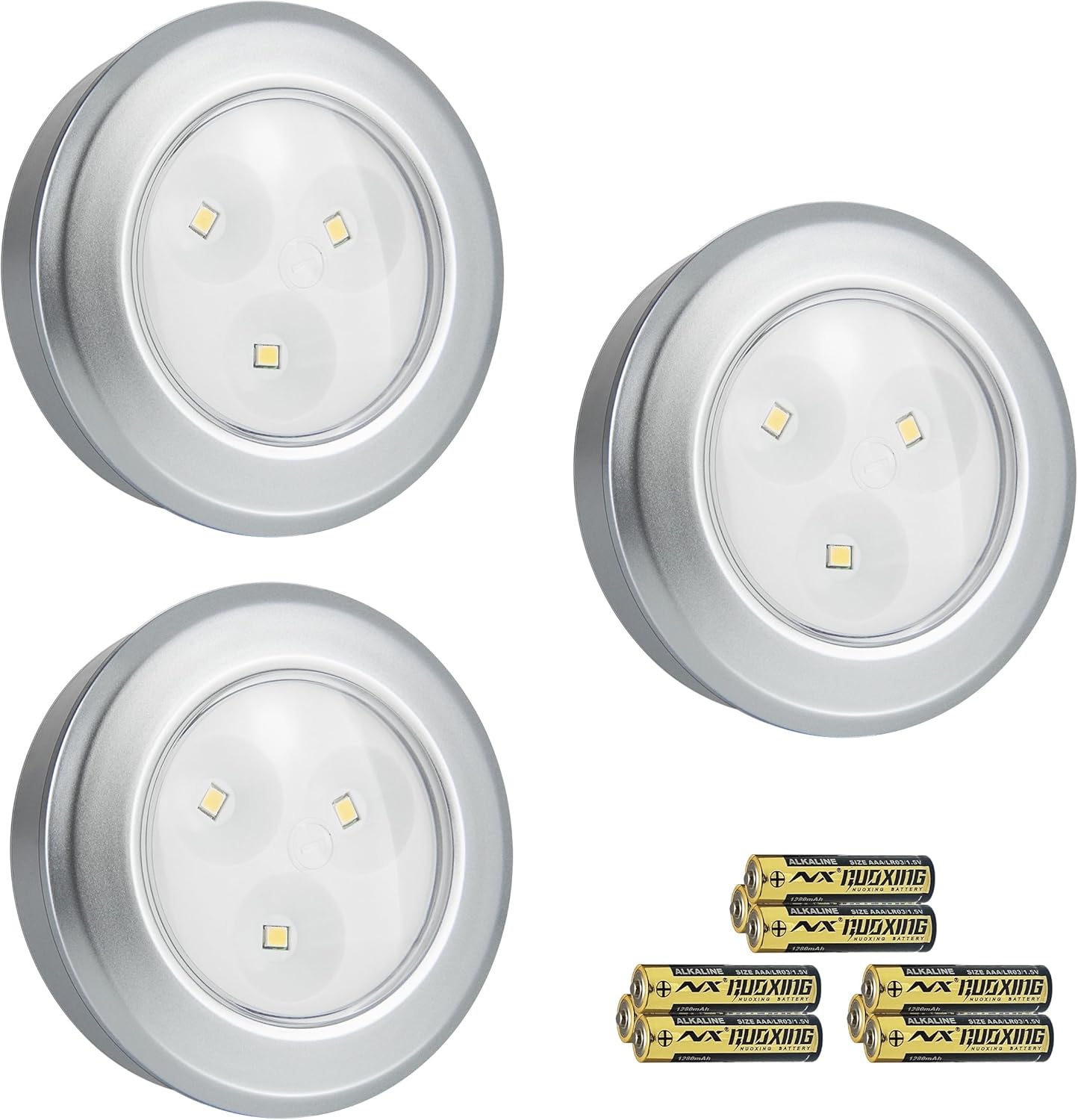 Wireless LED Puck Lights, Touch Activated Tap Ligh Push Light, Battery Operated Stick On Lights for Under Cabinet, Kitchen, Closet & Counters, 3-Pack, Silver (Included 3AAA Batteries)