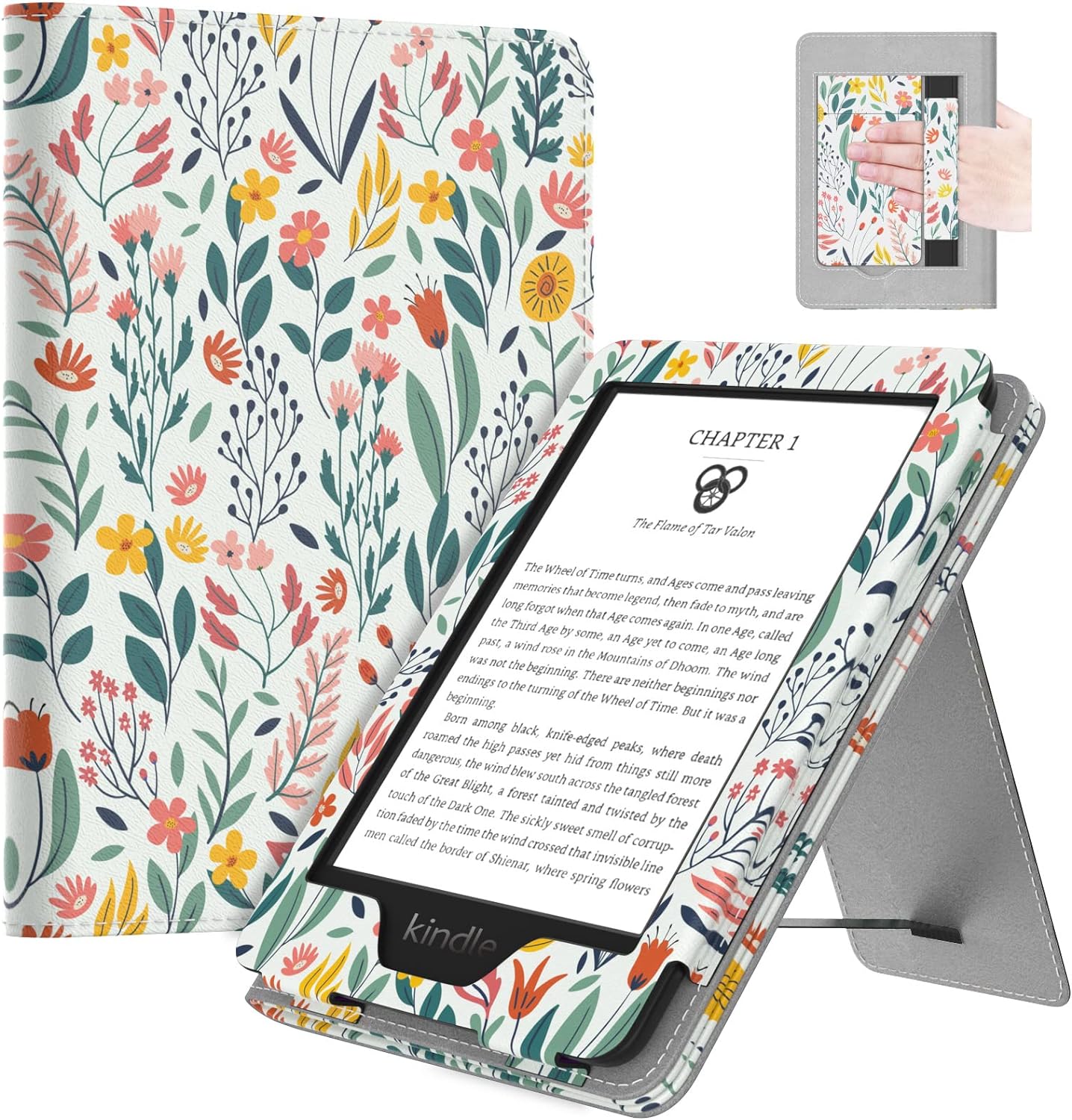 MoKo Case Fits All-New 6" Kindle (11th Generation, 2024/2022 Release)(10/8th Gen,2019/2016), Ultra Lightweight PU Shell Cover with Auto Wake/Sleep for Kindle 2024, Flowers
