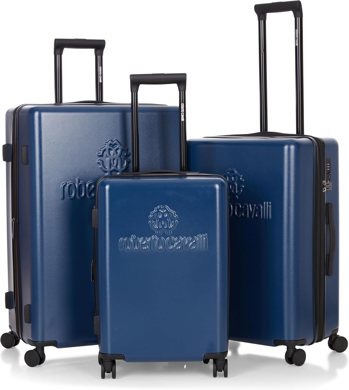 ROBERTO CAVALLI LOGO Luxury 3 Piece Luggage Set, Expandable Hard Shell Suitcases with 8 Spinner Wheels, Combination Lock Large Suitcase Set for Men and Women -Navy Blue