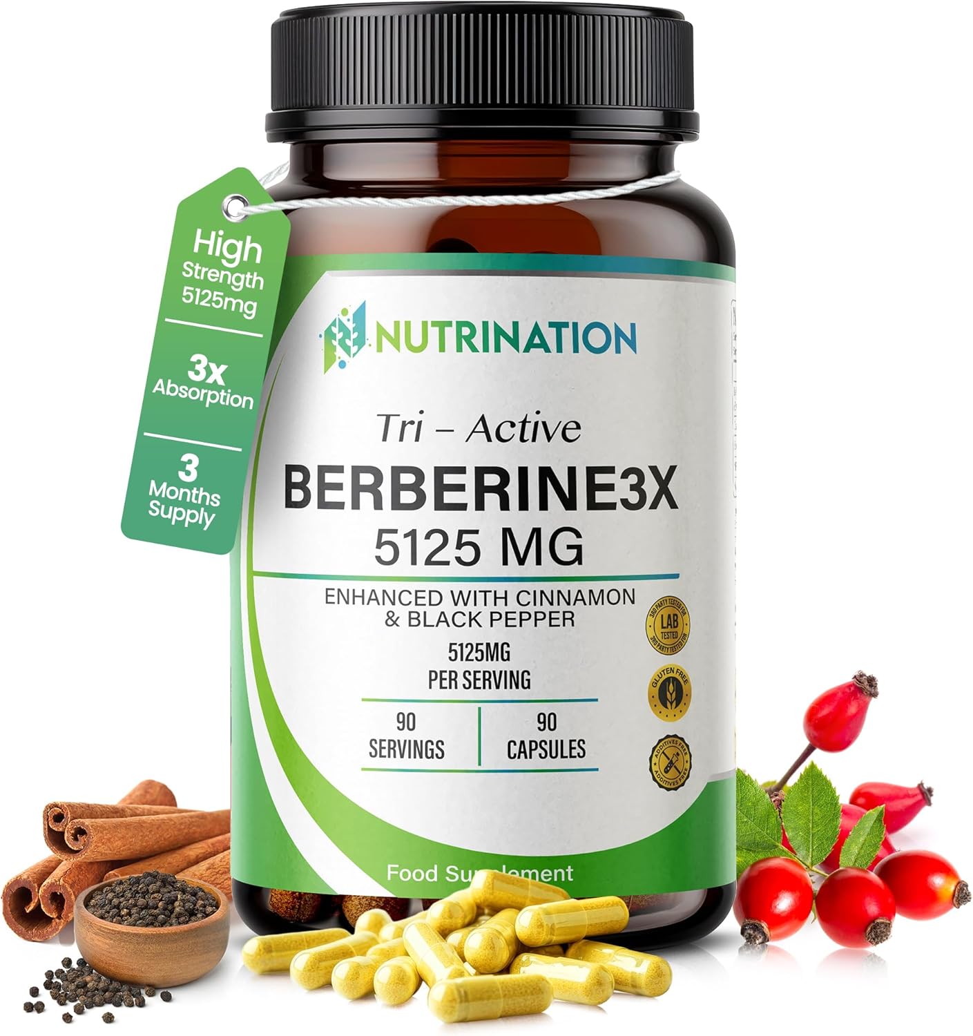 Berberine High Strength Supplement 5125mg | 90 Capsules One-Per-Day 3-Month Supply| 98% Pure Berberine HCL Capsules | Enhanced with Ceylon Cinnamon & Black Pepper | Zero Additives - Lab Tested