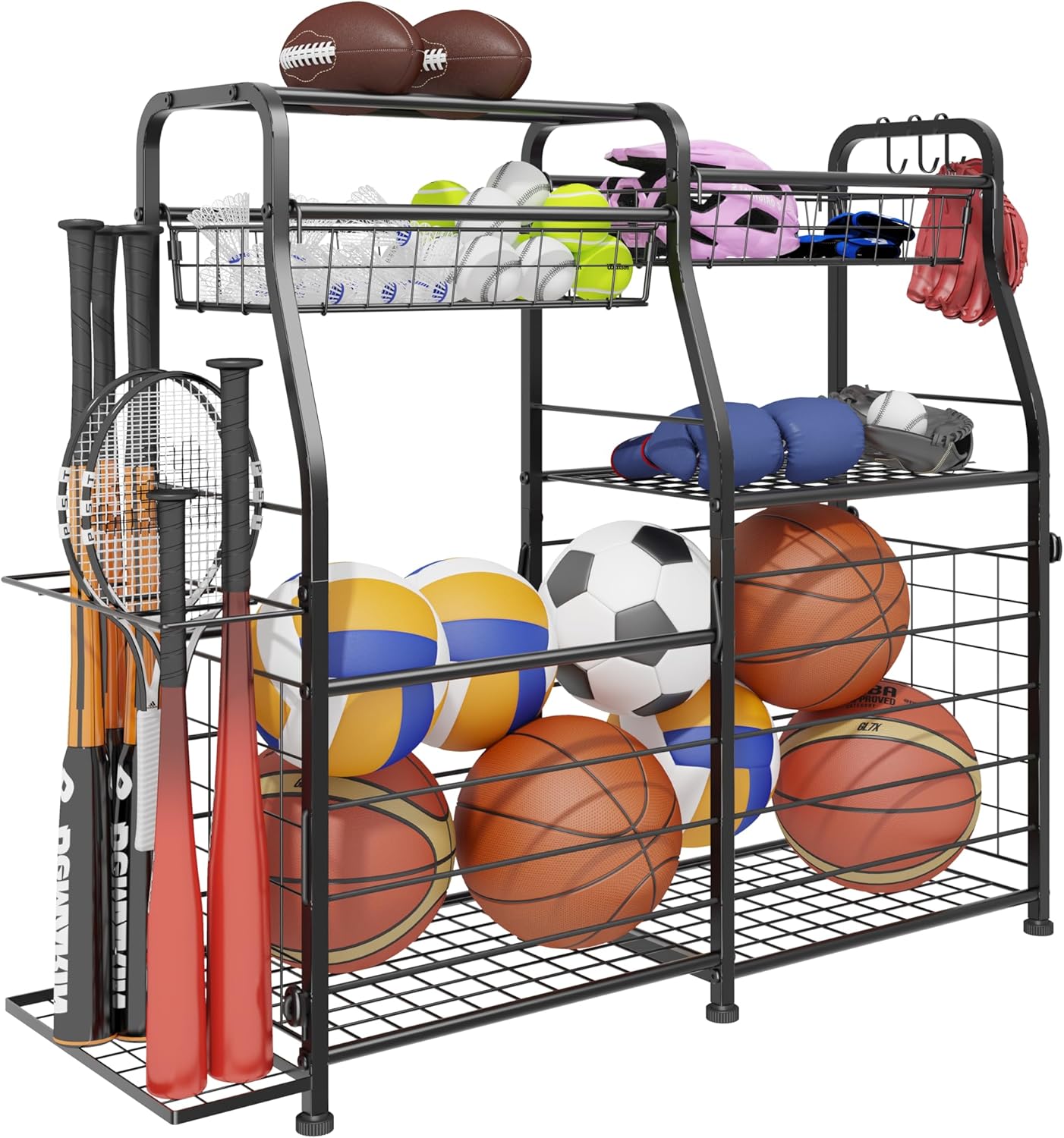 Garage Organizer - Sports Equipment Organizer Rack, Ball Storage Rack, Garage Organizer System for Sports Gear and Toys, Indoor/Outdoor Ball and Toy storage, Black