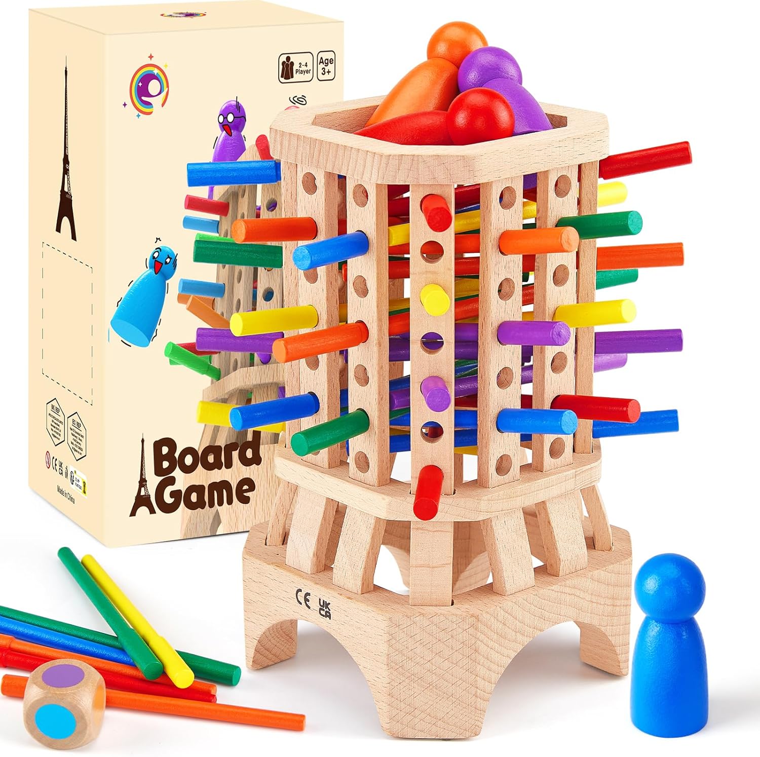Wooden Board Game Montessori Toys, Eiffel Tower Family Game Fun Pawns Dropping Games with Colorful Wooden Sticks and Dice, Game for 3 4 5 6 Year Old, Math Educational Toy for Boys Girls
