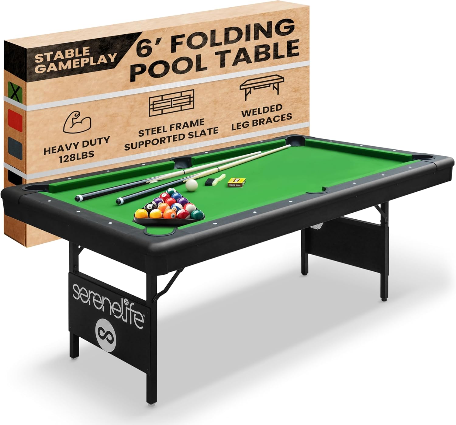 SereneLife 6-Ft Folding Pool Table - Best in Stability - Steel Frame, Fully Supported Slate, Welded Leg Supports with Safety Anti Collapse Locks, 128LB Heavy Duty Billiard Game and Accessory Set