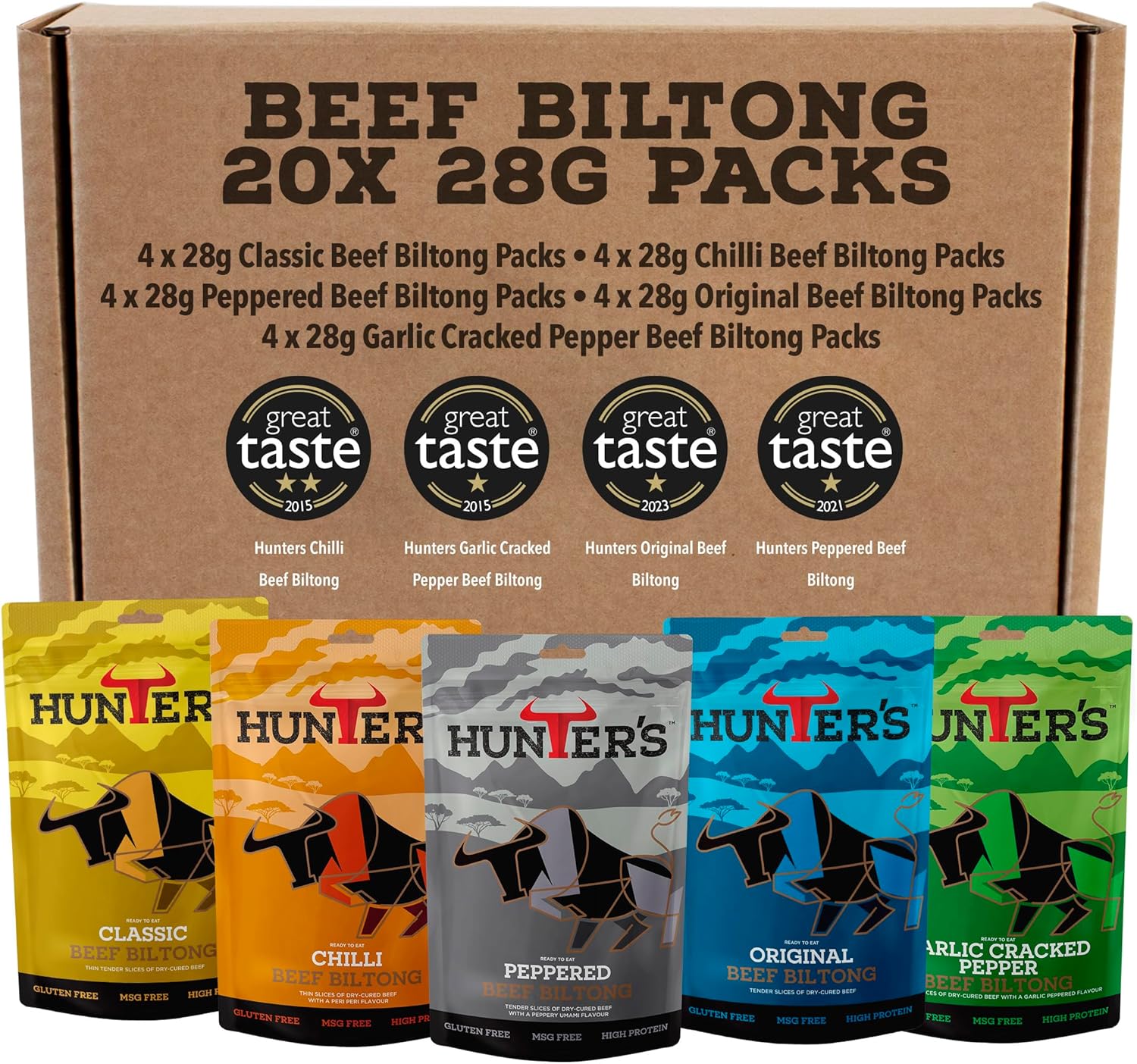 Hunters Beef Snack 20 Pack Variety Beef Biltong, 560g Mixed Flavours - Biltong Bites - Grass Fed Meat Strips - High Protein Snacks - Carnivore Low Calorie Meat Snacks