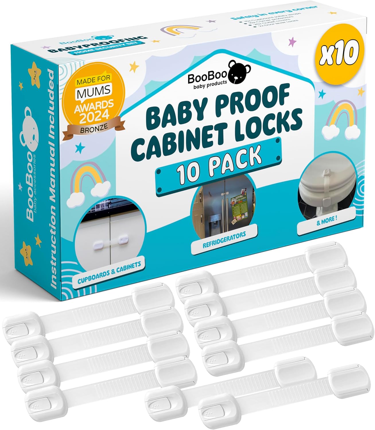 BooBoo® (10 PACK) Premium Child Locks For Kitchen Cupboards, Child Proof Cabinet Locks, Drawer Locks Baby Proofing Cabinets with No Drilling, Extra strong Adhesive + 4 Extra Stickers