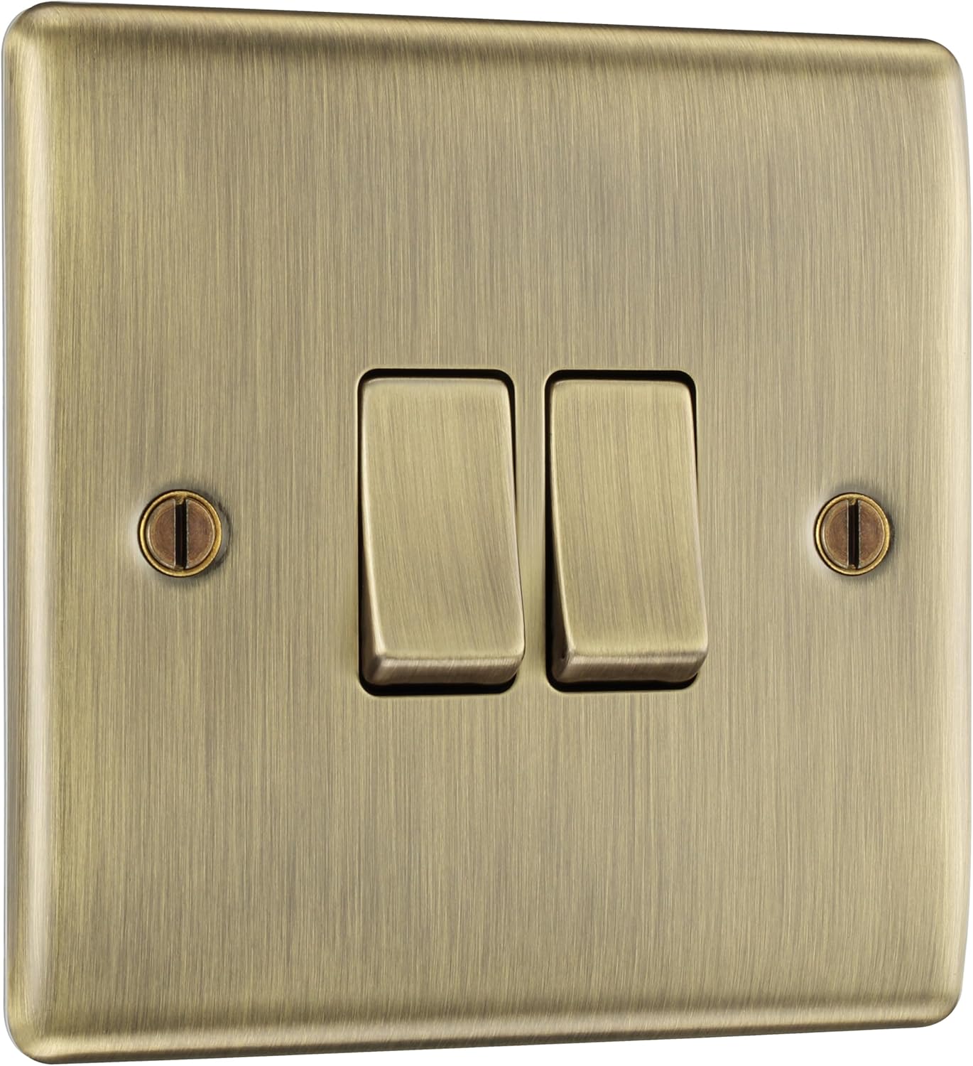 BG Electrical Double Wall Light Switch, 2 Way, Raised and Slim Profile, Round Edges, Nexus Metal, Antique Brass, 20A, 16AX, NAB42