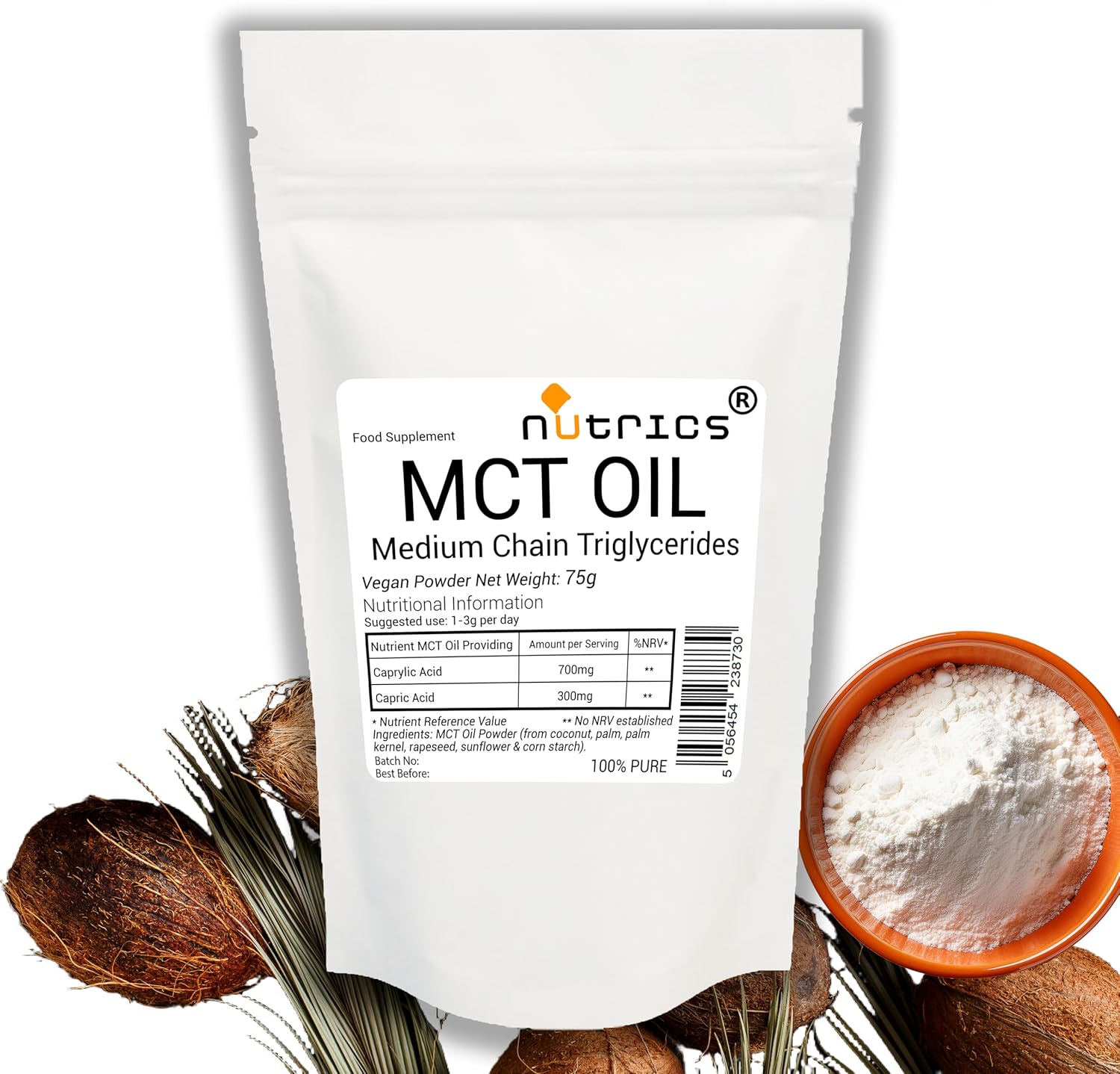 Nutrics® Pure MCT Oil V Powder CAPRYLIC Acid 70% CAPRIC Acid 30% Medium Chain Triglycerides 75g (1 Month Supply) Suitable for Vegans No fillers