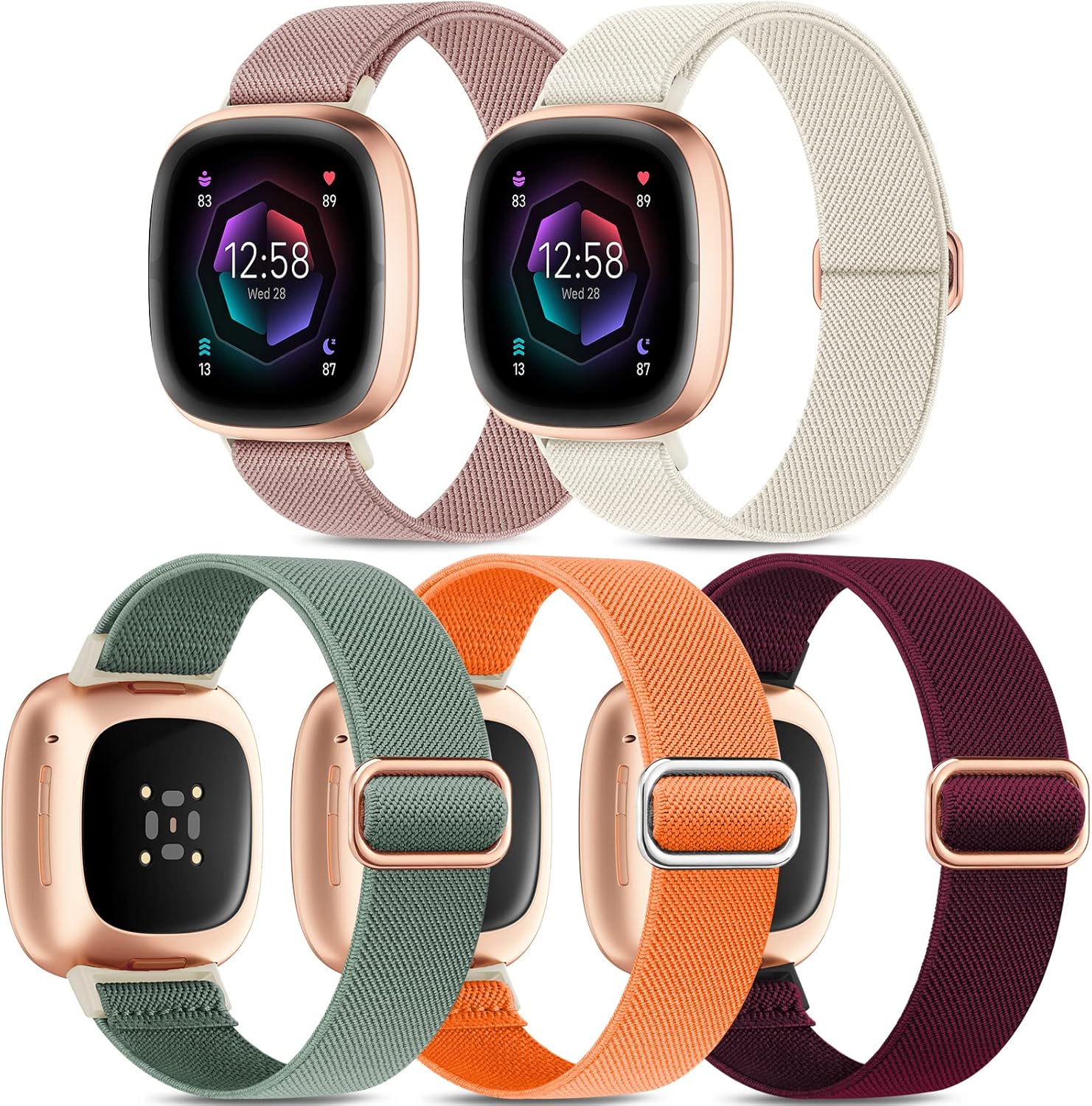 Higgs 5 Pack Straps Compatible with Fitbit Versa 4 Strap/Fitbit Versa 3 Strap/Fitbit Sense/Sense 2 Strap for Women Men, Soft Elastic Nylon Sport Replacement Band for Versa 4/Versa 3/Sense,Color 4