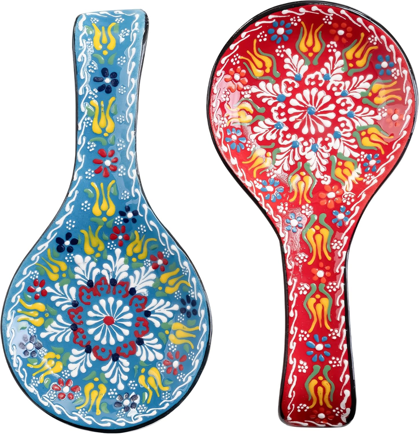 BCS Spoon Rest Set of 2 - Ceramic Spoon Holder for Stovetop & Kitchen Counter - Dishwasher Safe Handmade Kitchen Utensil (Blue-Red 4.5” W x 9" L)