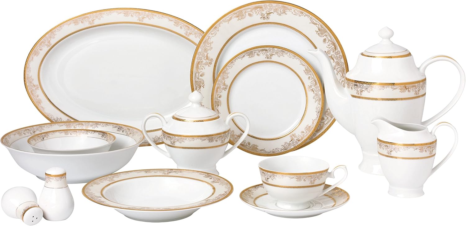 Lorren Home Trends 57 Piece 'Chloe' Bone China Dinnerware Set (Service for 8 People), Gold