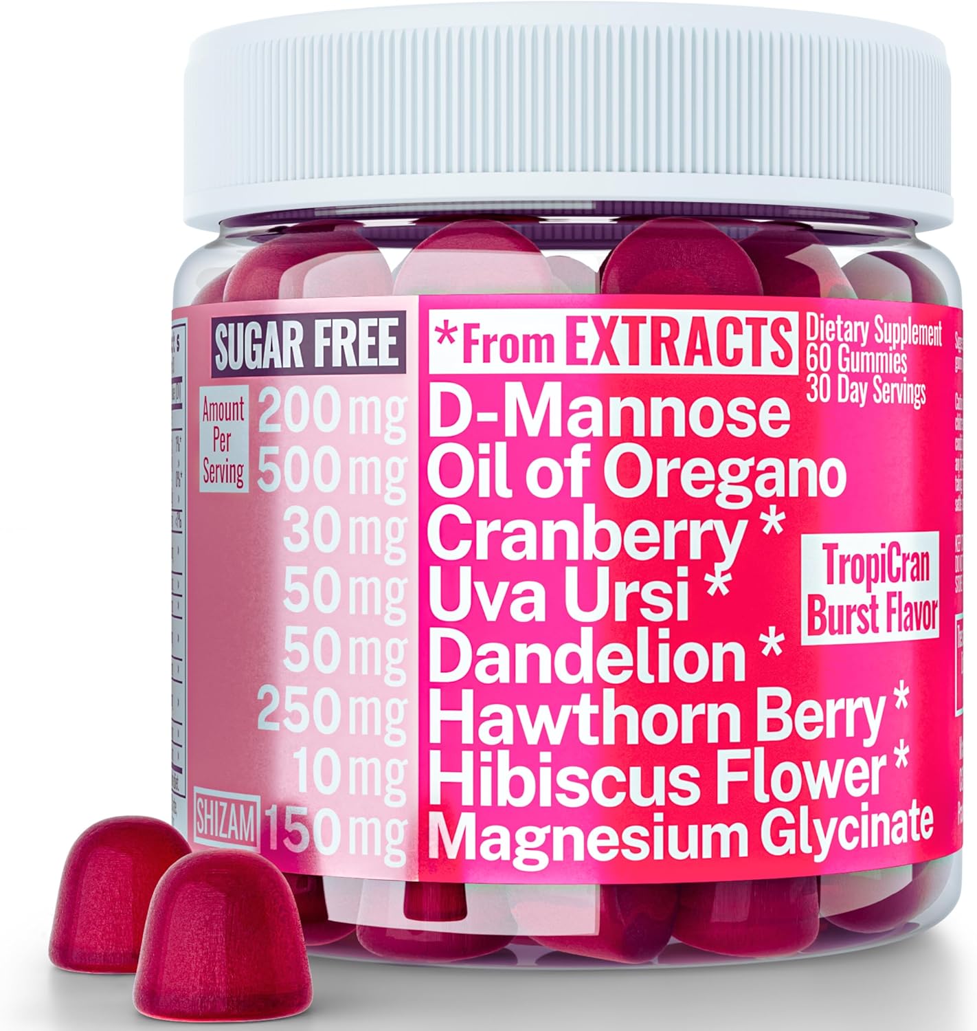 SHIZAM Vaginal Urinary Tract Yeast Candida pH Support Sugar Free Gummies w Oil of Oregano Uva Ursi Cranberry D-Mannose Hawthorne Berry, Vaginal Probiotics Suppositories Wash Cleanse Alt