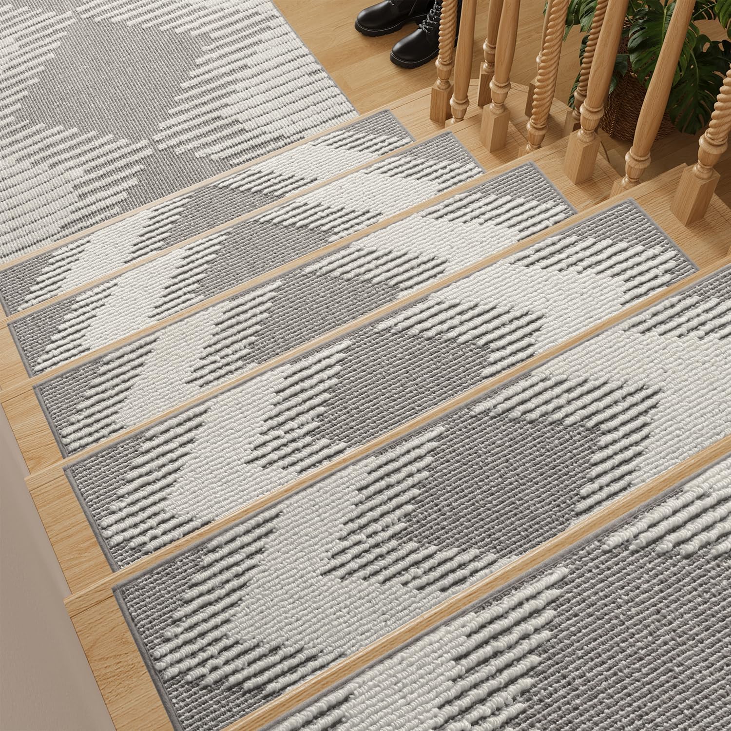 PADOOR 15PC Stair-Treads Non Slip, 3D Peel and Stick Stair Treads for Wooden Steps Indoor, Stair-Carpet Treads Washable Reusable Adhesive Stair-Runner Rugs for Kids and Dogs 8"x30" Grey
