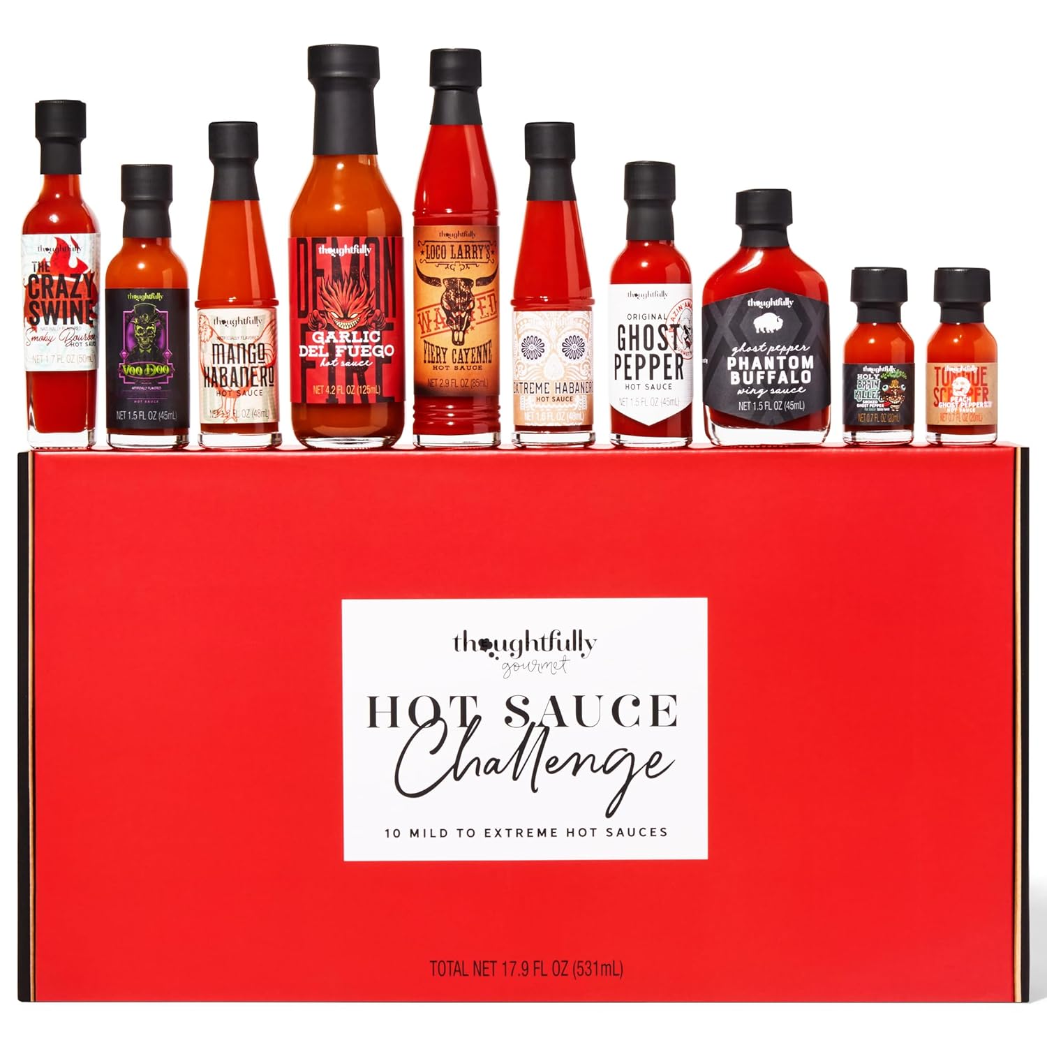 Thoughtfully Gourmet, Hot Sauce Challenge Set, Hot Sauce Variety Pack Includes Hot Sauces from Mild To Extreme Flavors, Unique Gifts for Men, Set of 10