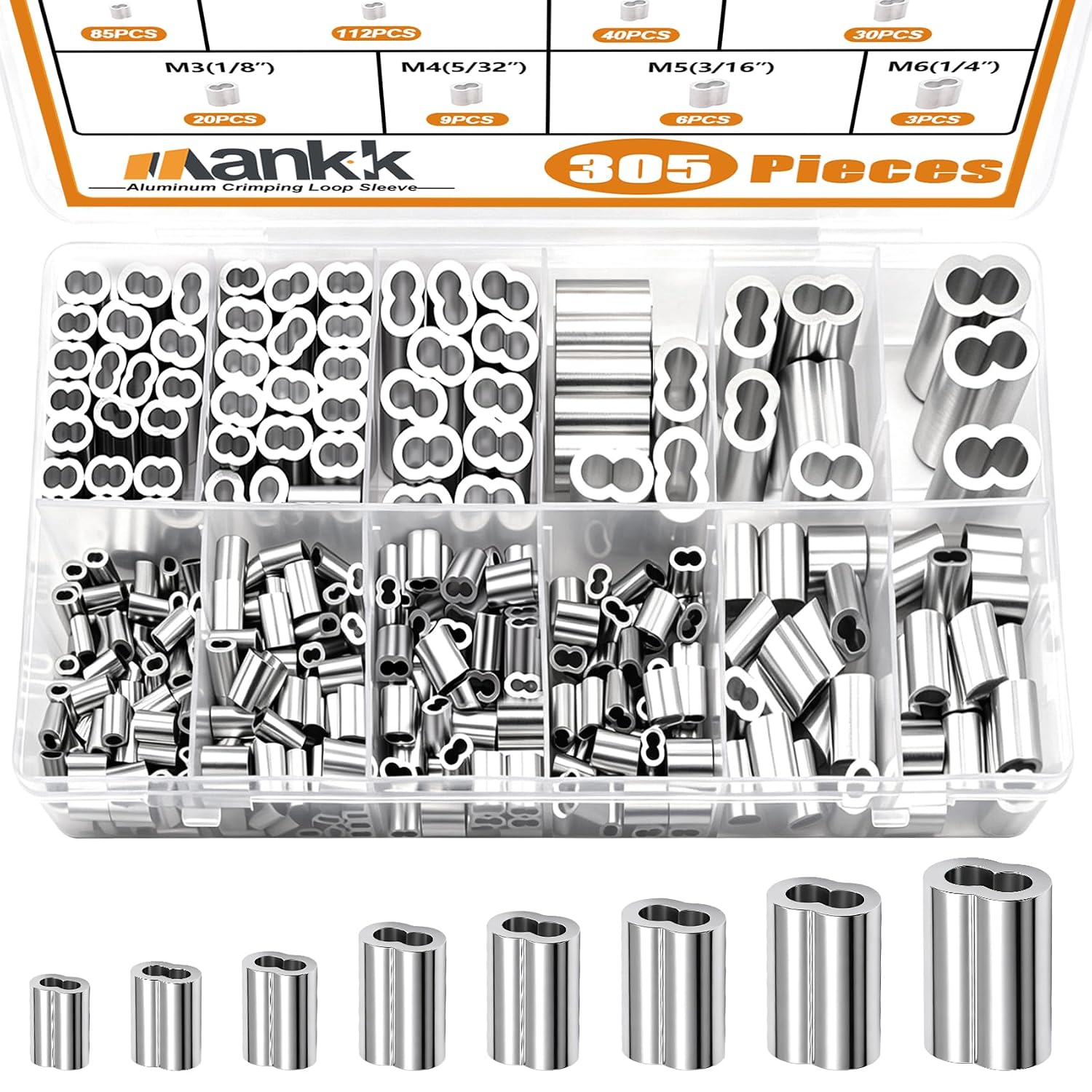 mankk 305PCS Aluminum Crimping Loop Sleeve 8 Sizes (3/64'' 1/16'' 5/64'' 3/32'' 1/8'' 5/32'' 3/16'' 1/4'') Wire Rope Sleeves Double Cable Ferrules Kit