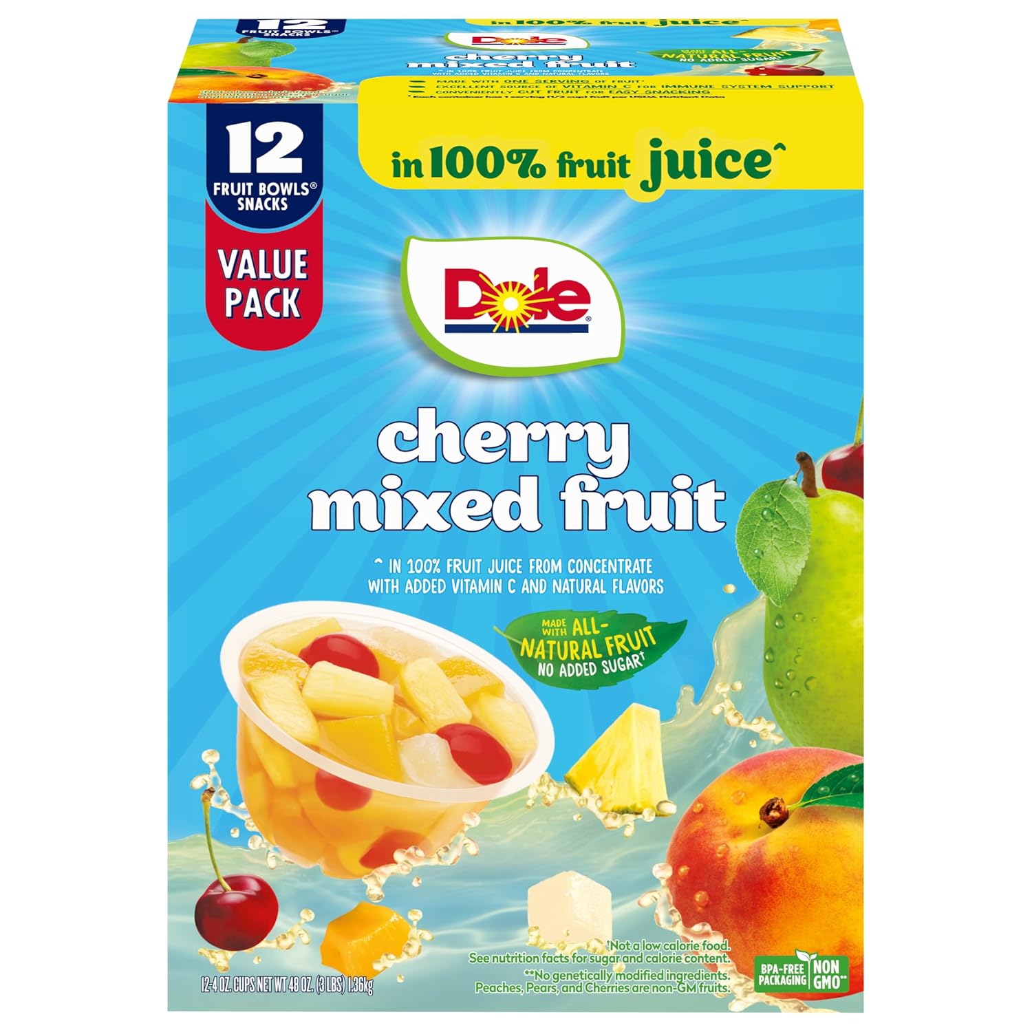 Dole Fruit Bowls Cherry Mixed Fruit, 4 oz Cups, 12