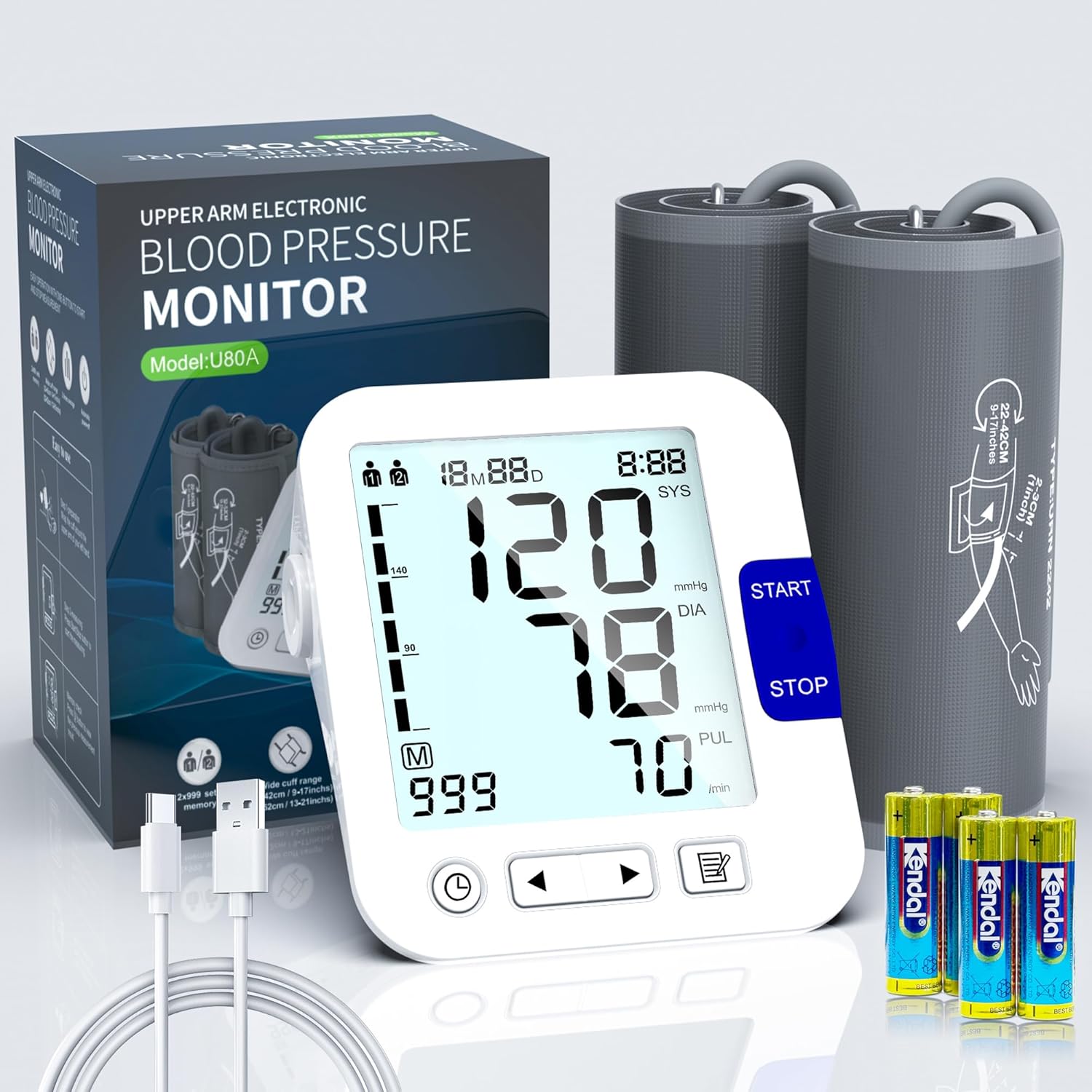 Large Screen Blood Pressure Monitor, Blood Pressure Machine Dual User for Home Use, XL 9"-17" Cuff BP Machine, Dual Power, Upper Arm BP Cuff Kit with 6 inch Backlight LCD & HR Detection