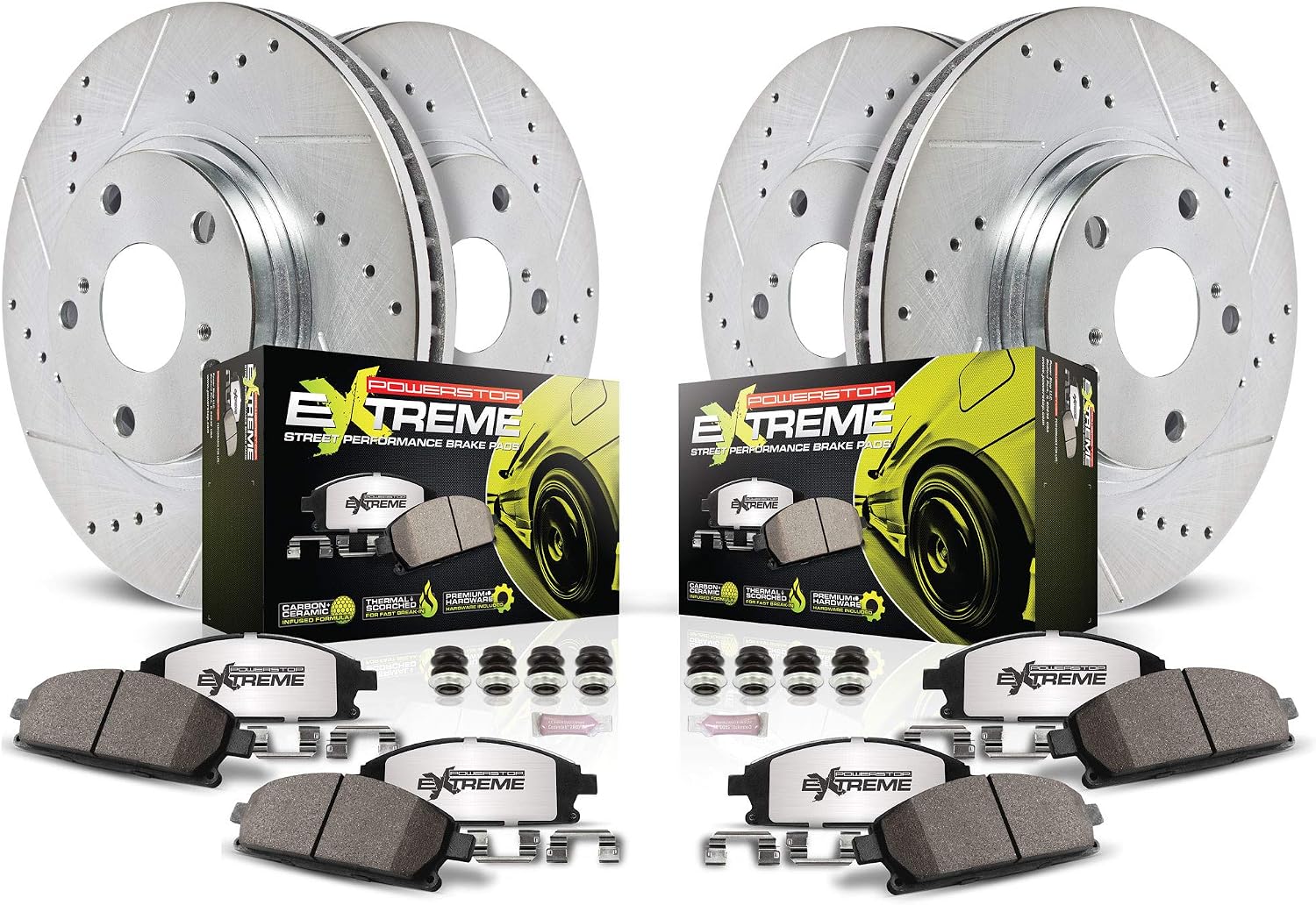 PowerStop Front and Rear Brake Kit for INFINITI FX35 2010-12 |INFINITI FX37 2013 |INFINITI QX70 2014 - Carbon-Fiber Ceramic Z26 Brake Pads + Drilled & Slotted Rotors Upgrade, K8878-26
