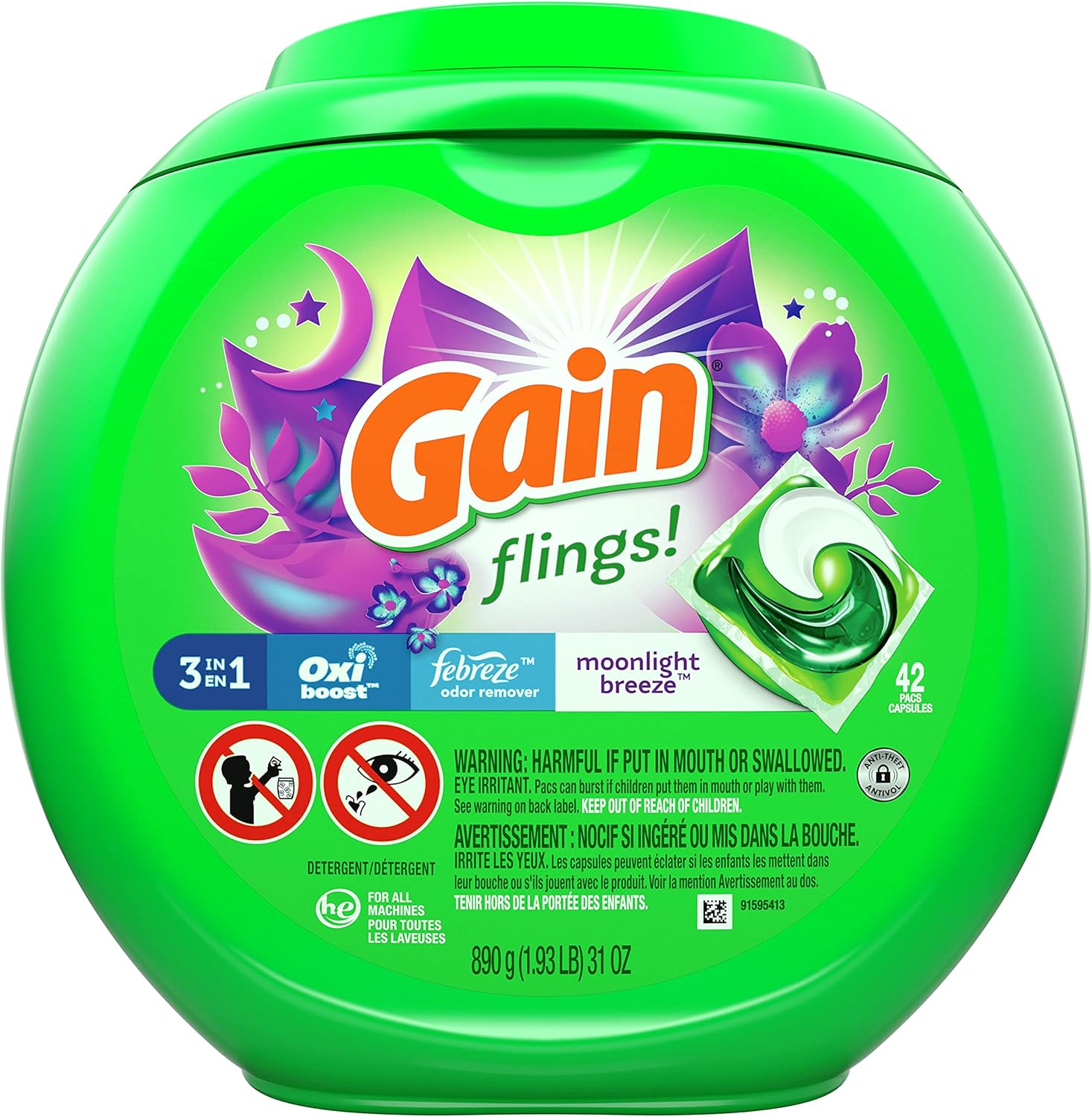 Gain flings! Liquid Laundry Detergent Pacs, Moonlight Breeze, 42 Count