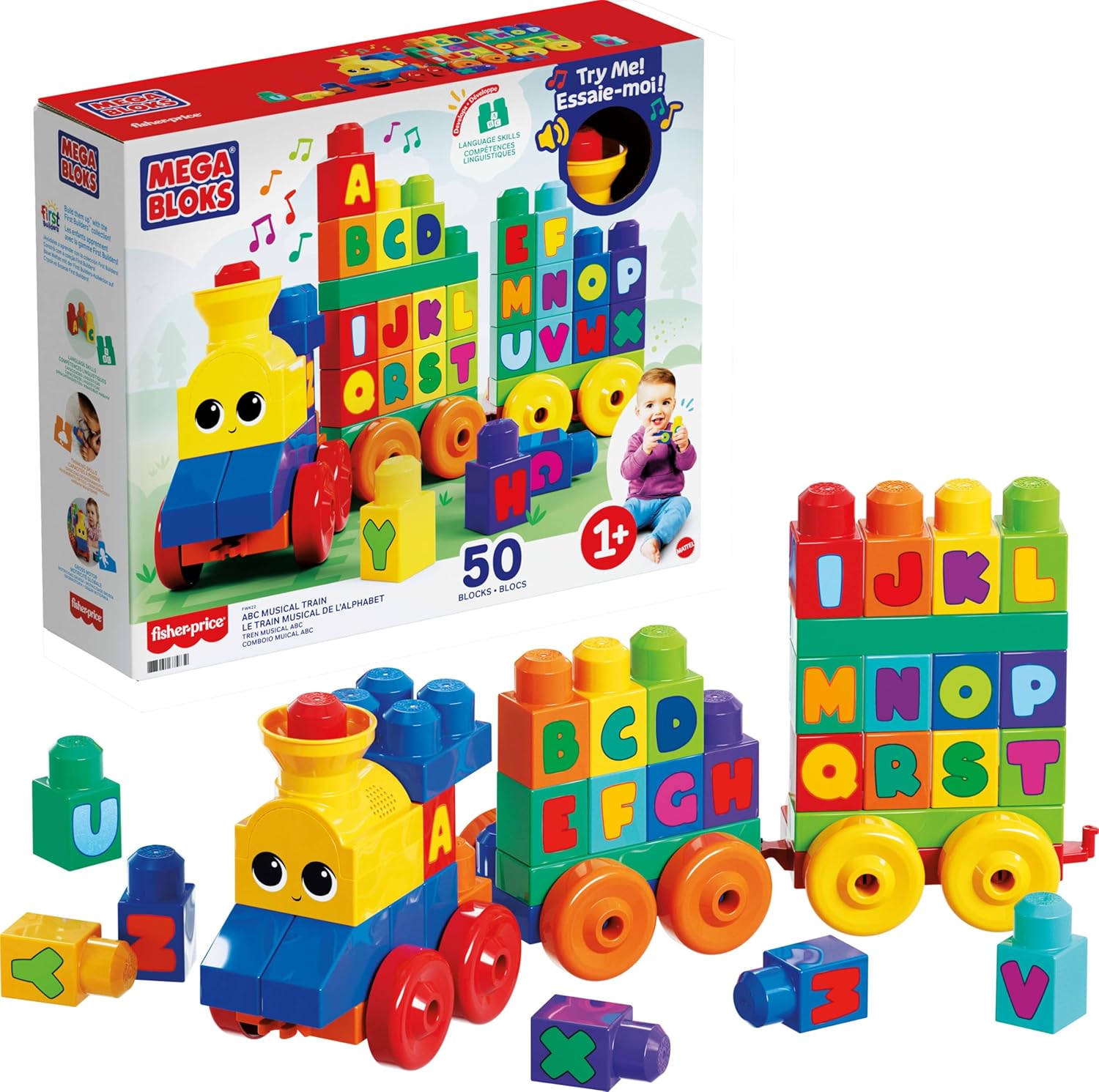 MEGA BLOKS First Builders Toddler Building Blocks Toy Set, ABC Musical Train with 50 Pieces, Music and Sounds, Ages 1+ Years, FWK22