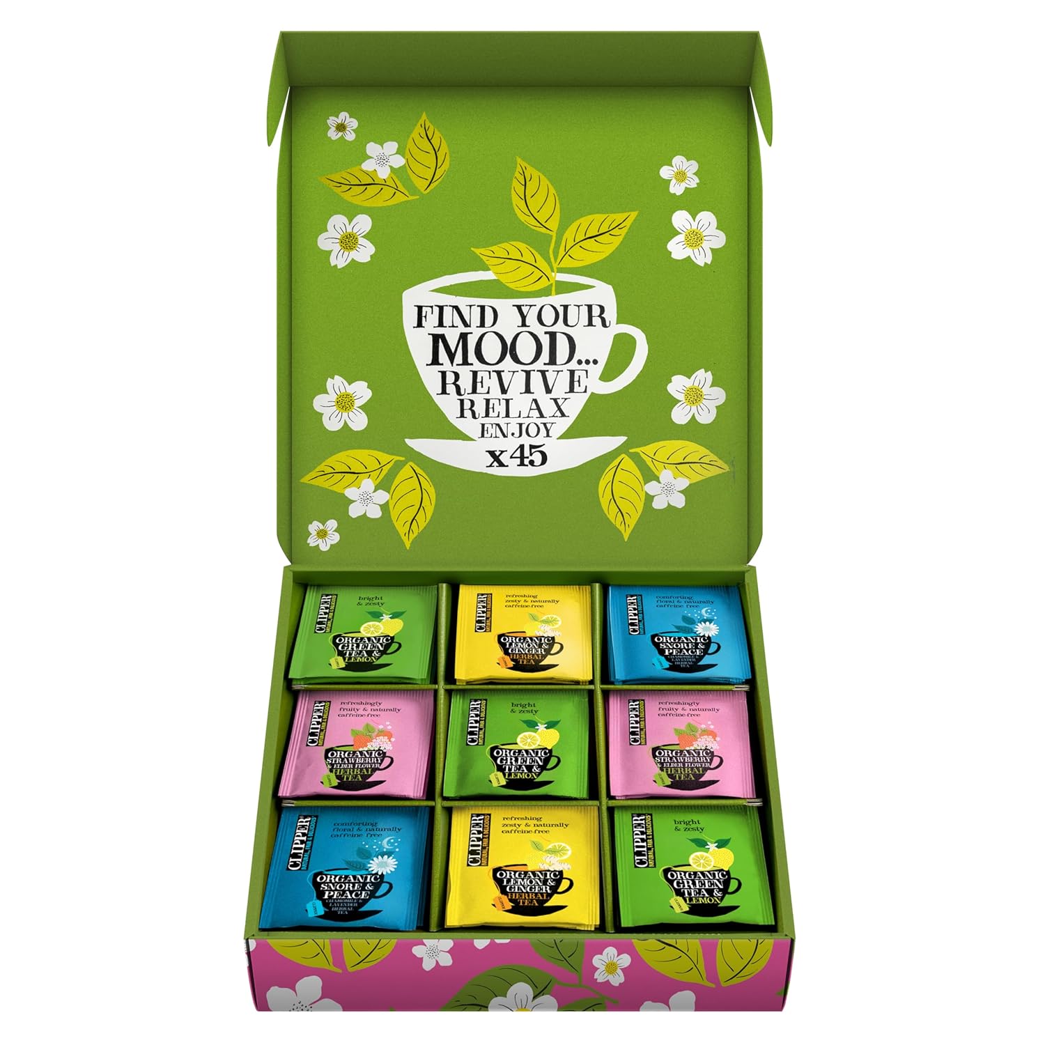 Clipper Tea: Organic Herbal & Green Tea Set, Gift Box – Tea Selection & Sampler with 5 Flavors Including Lemon, Ginger, and Bedtime Teas – Assorted Tea Bags in Colorful Tea Box, 45 Unbleached Tea Bags