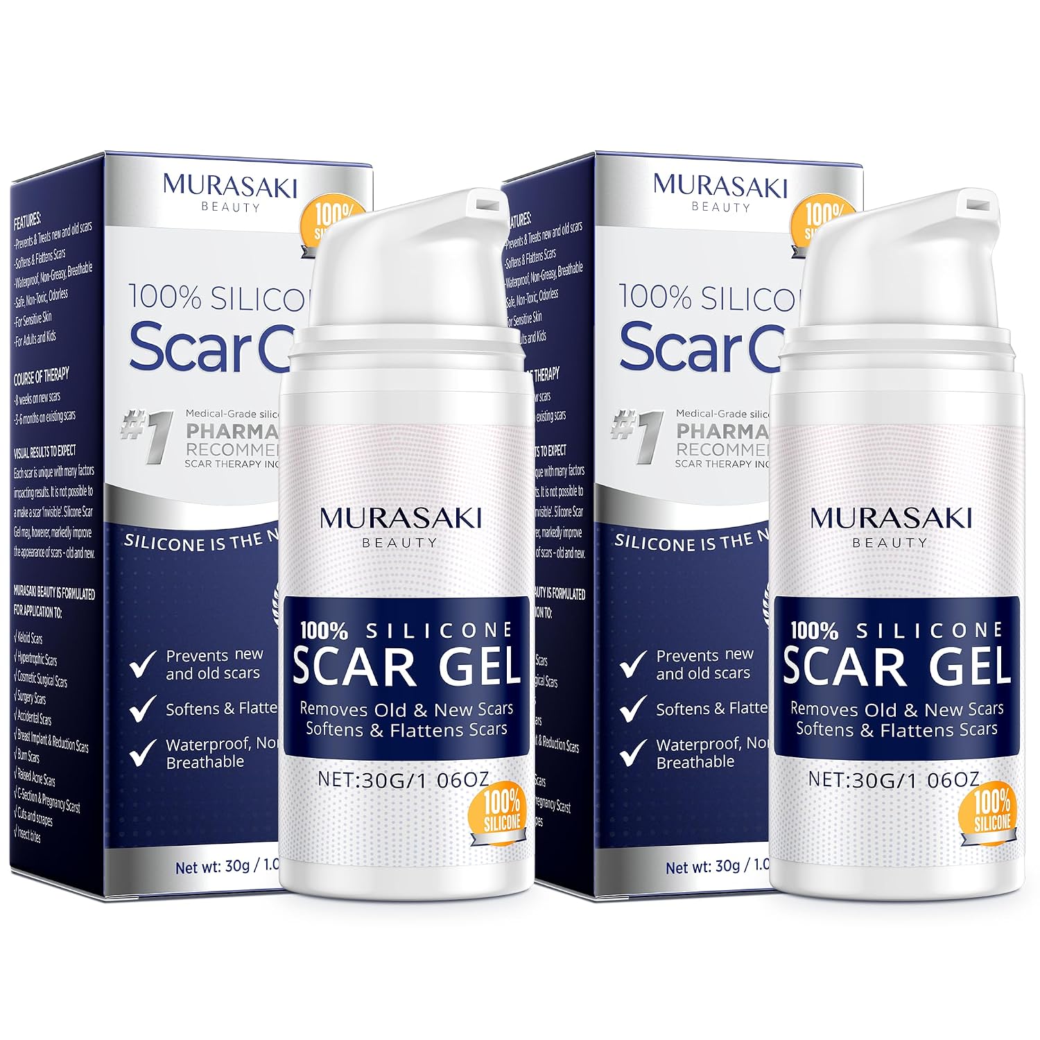100% Silicone Scar Gel 2 Pack: 2 x 1.06oz Tubes for Surgical Scars, C-Section, Acne, Keloids, Burns, Stretch Marks – Advanced Scar Treatment for Old & New Scars