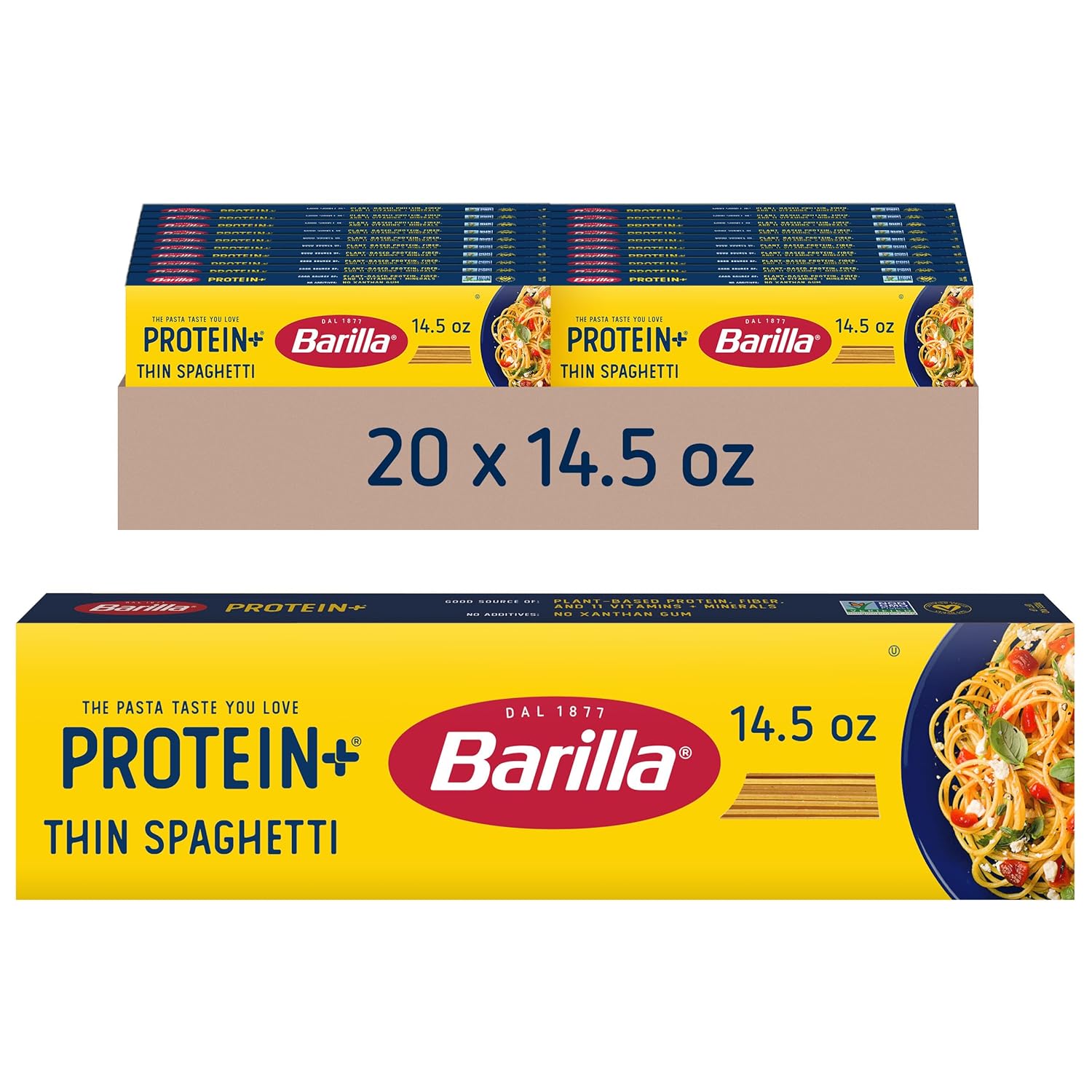 BARILLA Protein+ (Plus) Thin Spaghetti Pasta, 14.5 Ounce (Pack of 20) - plant based pasta - Made from Lentils, Chickpeas & Peas - Non-GMO, Kosher Certified and Vegan
