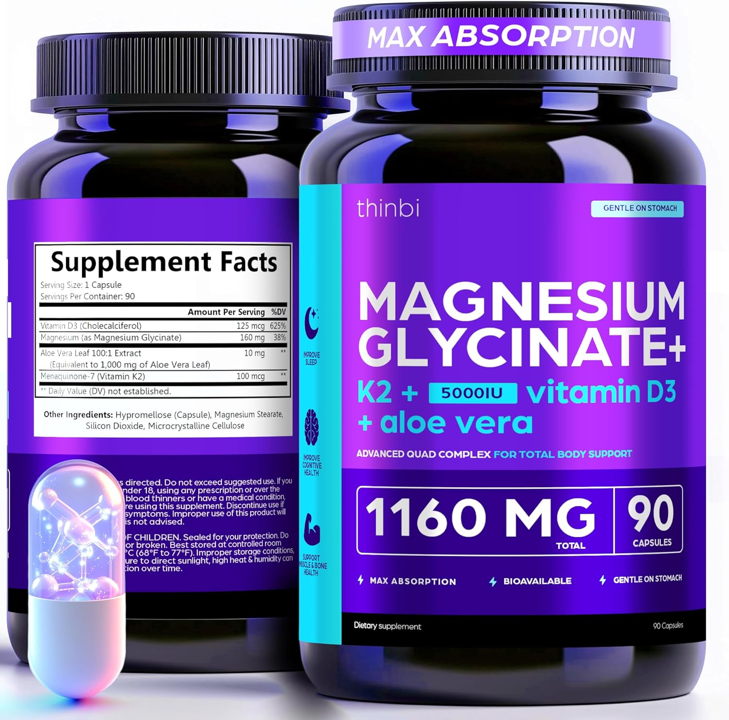 Magnesium Glycinate 1160mg + Aloe Vera, D3 & K2 Complex 90 Capsules – High Absorption, Non-Laxative – Stress Relief, Sleep, Muscle, Nerve, Heart & Metabolism Support – Chelated Formula