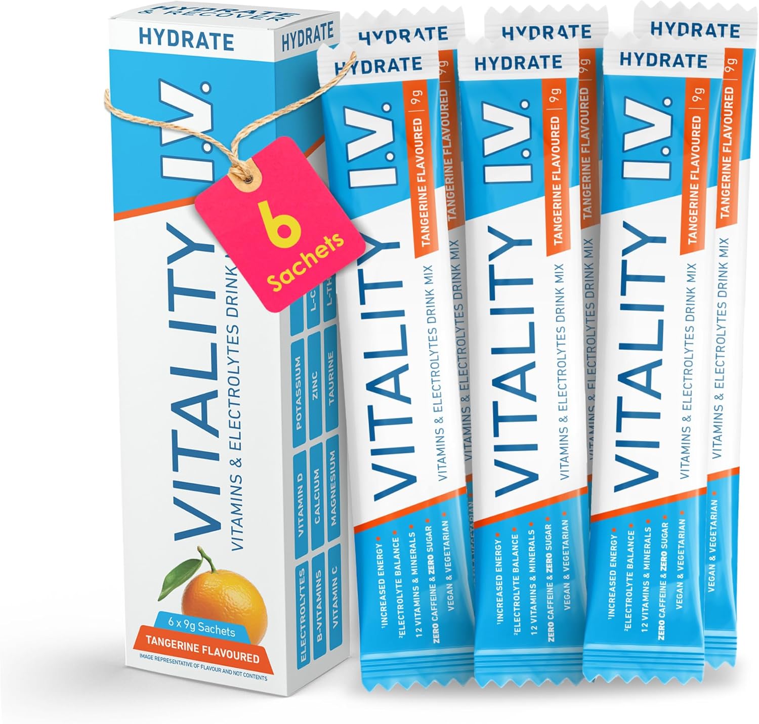 Vitality IV Hydration Sachets Tangerine Flavor | 6 x 9g Drink Mix | Zero Sugar, Zero Caffeine | Vegan-Friendly Energy & Electrolyte Booster | 12 Vitamins & Minerals