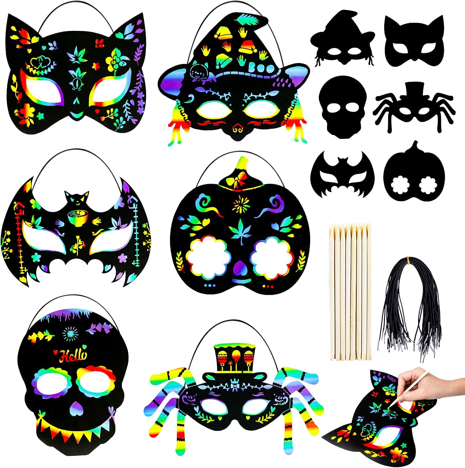 MGparty Halloween Crafts 24PCS Halloween Rainbow Scratch Mask Magic Scratch Paper Art for Kids Birthday Classroom Decoration for Halloween Party Favors Gifts Party Games Projects Kits